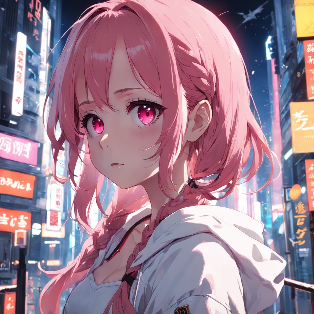 1girl, solo, loli, petite, (very_long_hair), (pink_hair:1.2), braids, (red_eyes), medium_breasts, (white_shirt:1.5), (windbreaker), (off_shoulder:1.2), (portrait), glowing_eyes, background_light, (cityscape:1.5), (neon_lights:1.2), (shushing:1.2),(science), cyberpunk, ((masterpiece)), (highres), (best_quality), (highly_detailed), (original),(Delicate background),(extremely detailed 8K wallpaper),cinematic lighting, volume lighting, light particles, shaded_face, beautiful_detailed_eyes, depth_of_field, perspective,
