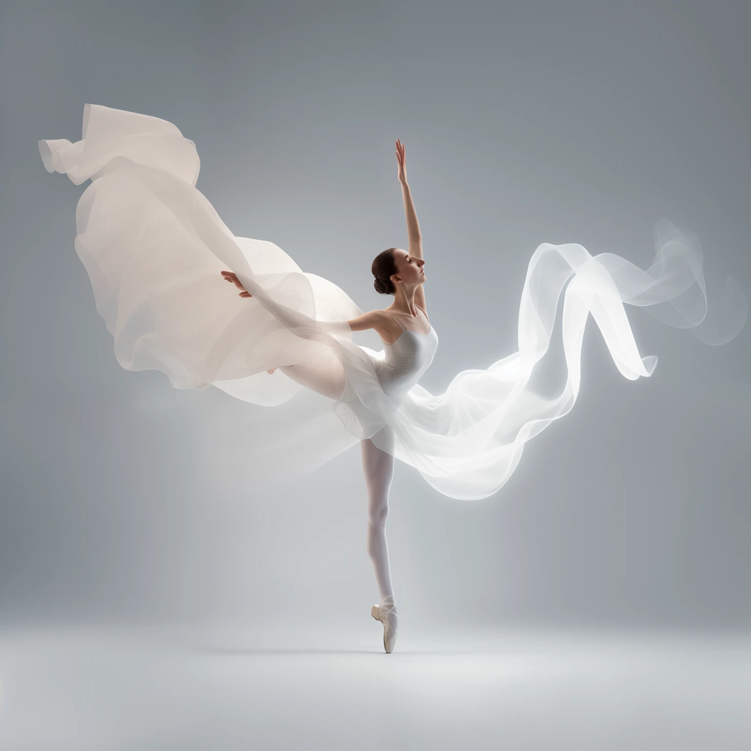 arafed woman in a white dress is dancing with a flowing fabric, ballet dancer, dancing gracefully, ballerina dance in smoke, beautiful and graceful, endless flowing ethereal drapery, peaceful and graceful, graceful and elegant, she is floating in the air, elegant and graceful, elegant floating pose, dramatic floating pose, ballerina, graceful body structure, prima ballerina