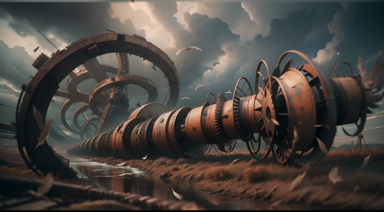 Severely distorted, The morning sky fades away, A bizarre object composed of twisted feathers/Machinery/pipelines/Rusty components float in the air, extra detail, 4kHD details, Best resolution, Surrealist composition, Extreme camera angles, Motion blur, Depth of field, foreshortening, tilted camera angle, Cinematic lighting, A cinematic scene