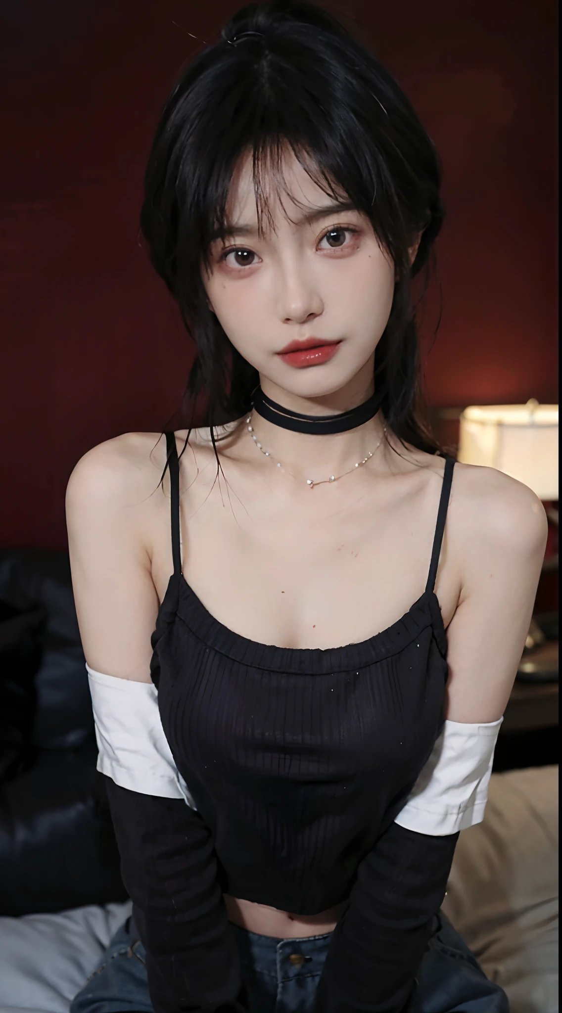 best qualtiy， 超高分辨率， （realisticlying：1.4），Baoyu Girl，lipsticks，1girll, ,Cropped red sweater，a sense of atmosphere，Beautiful woman with a slim figure:1.4, Abs:1.1,   浴室,Ultra-fine face，leather clothes，Elaborate Eyes，二重まぶた，choker necklace