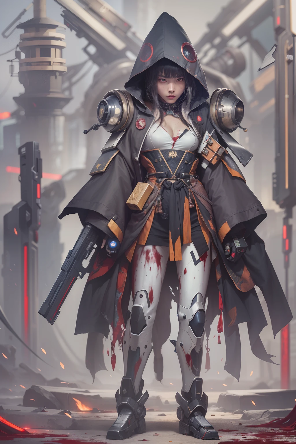 An ancient Chinese girl, hooded head, full body, amazing facial features, blood stains, mechanical eyes, cyberpunk, holographic aura, surreal sci-fi art, futuristic sci-fi aesthetics, hanfu (tattered), mecha, complex design, game model, movie edge light, delicate light, masterpiece, ultra-detailed, epic composition, super high-definition, high quality, highest quality, 32k --niji 5