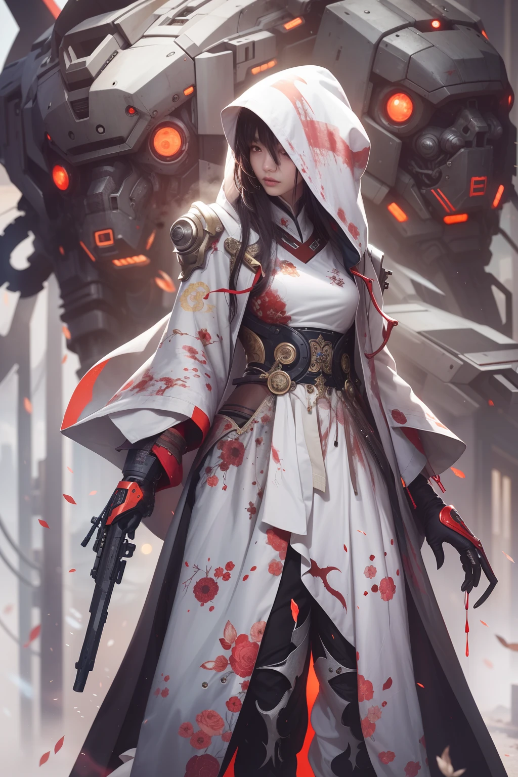 An ancient Chinese girl, hooded head, full body, amazing facial features, blood stains, mechanical eyes, cyberpunk, holographic aura, surreal sci-fi art, futuristic sci-fi aesthetics, hanfu (tattered), mecha, complex design, game model, movie edge light, delicate light, masterpiece, ultra-detailed, epic composition, super high-definition, high quality, highest quality, 32k --niji 5