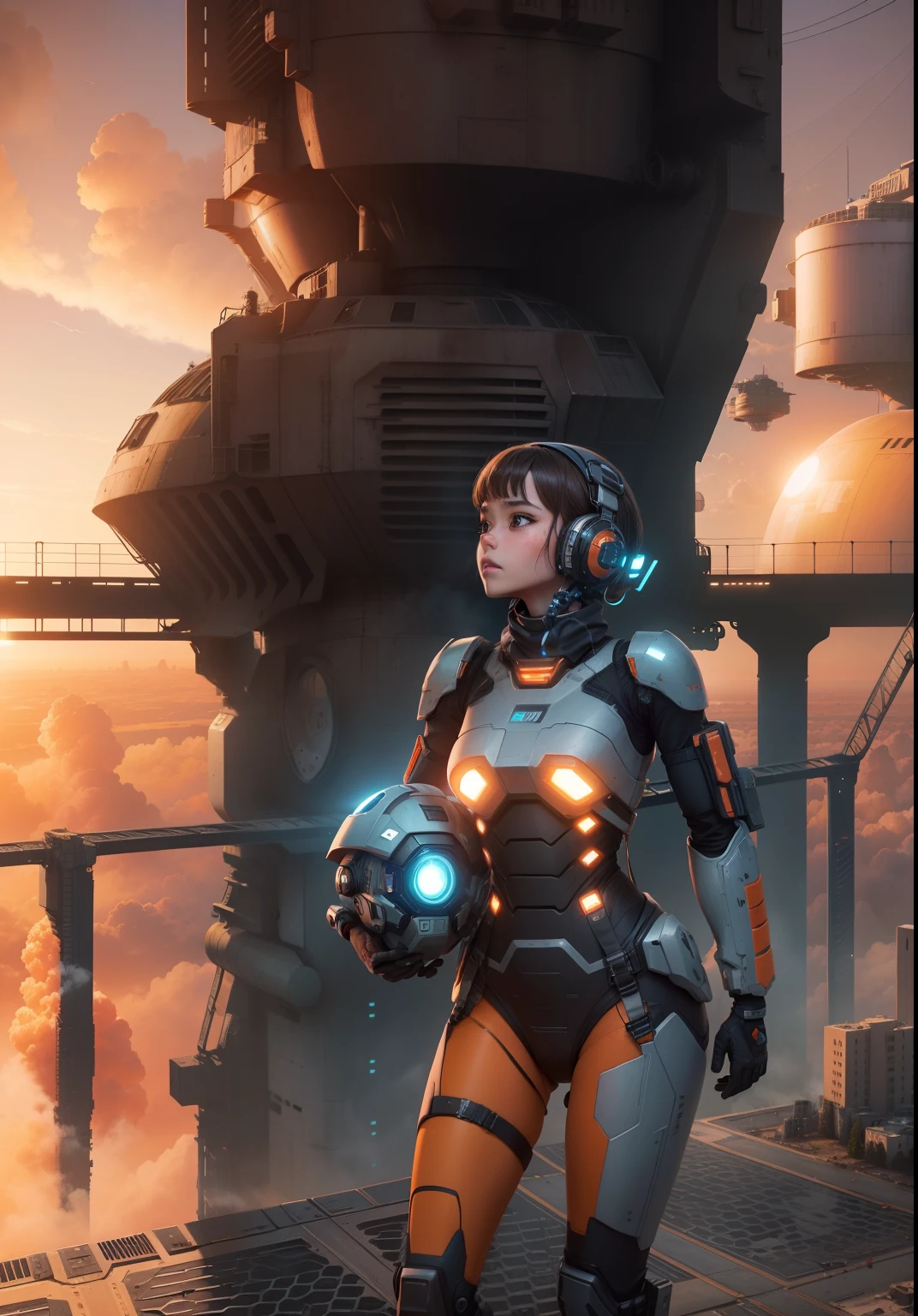 a full body extreme long distance shot 20000 meters away from cyber robot military girl with dark brown hair with light brown to sky blue highlights, camera looking up at her face from ground level, of a cyber robot military girl standing on the flight deck of a distant future fallen dusty gritty dystopian utopian city, wearing war worn dirty white gray and orange fighting suit, soring skyscrapers vast distances few people and vehicles scattered around pink orange evening sunset sky view 24k resolution hyperdetailed photorealistic