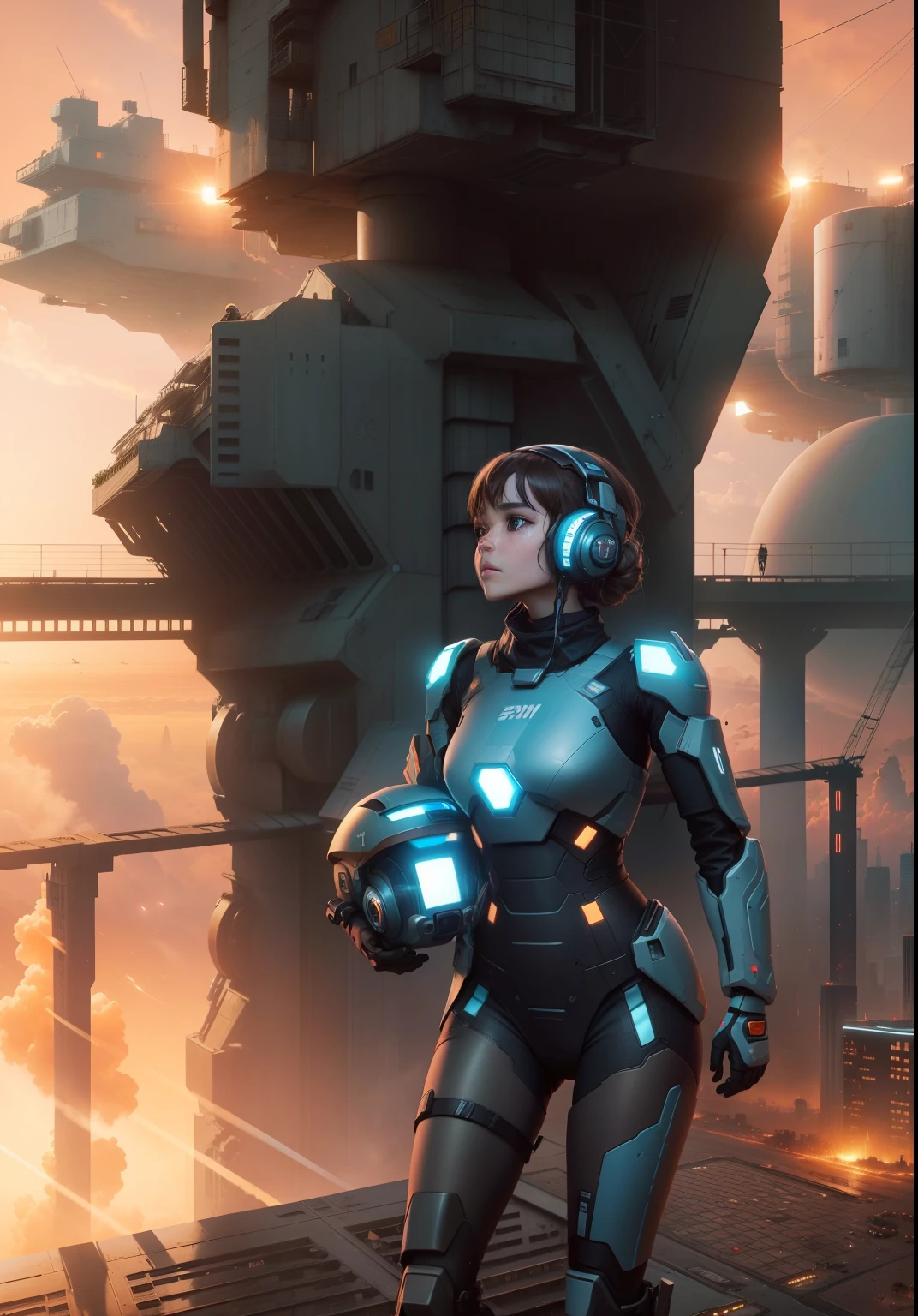 a full body extreme long distance shot 20000 meters away from cyber robot military girl with dark brown hair with light brown to sky blue highlights, camera looking up at her face from ground level, of a cyber robot military girl standing on the flight deck of a distant future fallen dusty gritty dystopian utopian city, wearing war worn dirty white gray and orange fighting suit, soring skyscrapers vast distances few people and vehicles scattered around pink orange evening sunset sky view 24k resolution hyperdetailed photorealistic