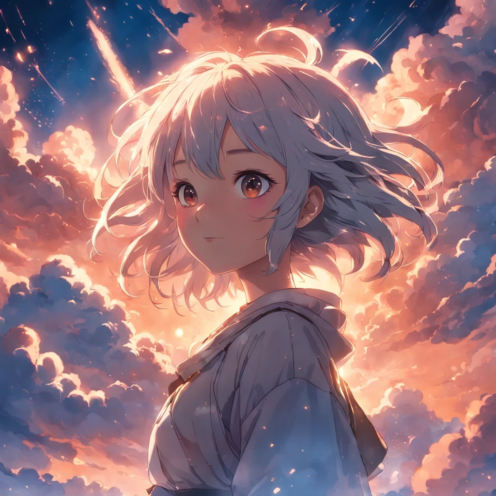 masterpiece, best quality, movie still, 1girl, cloud girl, floating in the sky, close-up, bright, happy, warm soft lighting, sunset, (sparks:0.7)