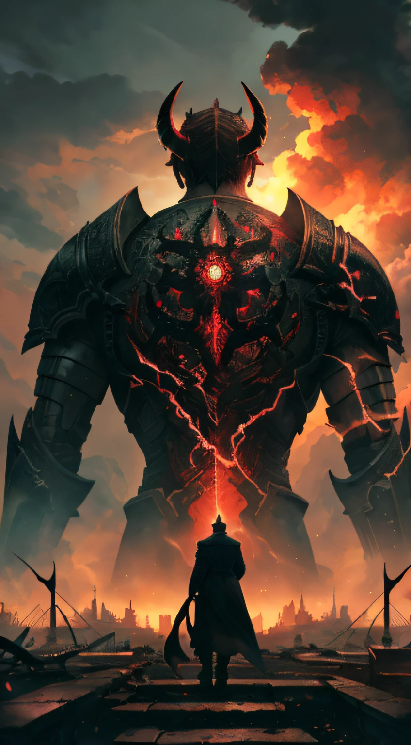 realisticlying (An illustration of a book:1.1) af (hell:1.3) , intricate composition , , A detailed, epic stark lighting,of a guy，The back is lonely，A detailed，The background is the ruins of the city，Many people in the ruins，Looking helplessly at the sky，The sky is dim，colors full，It's like hell，hell，Overlapping together，Epic scenes