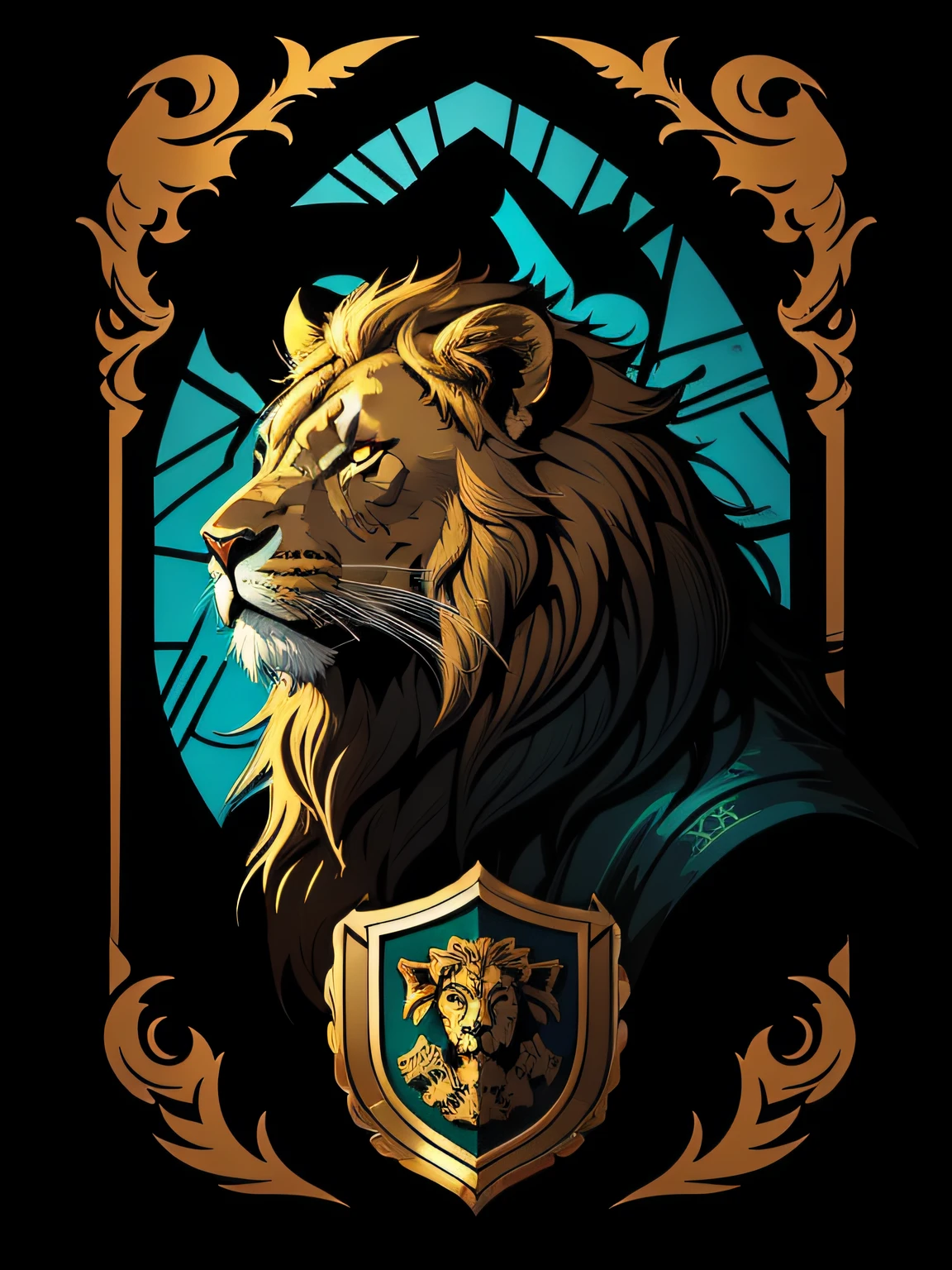 "Stylized coat of arms featuring a symmetrical vector-style lion's head facing front."