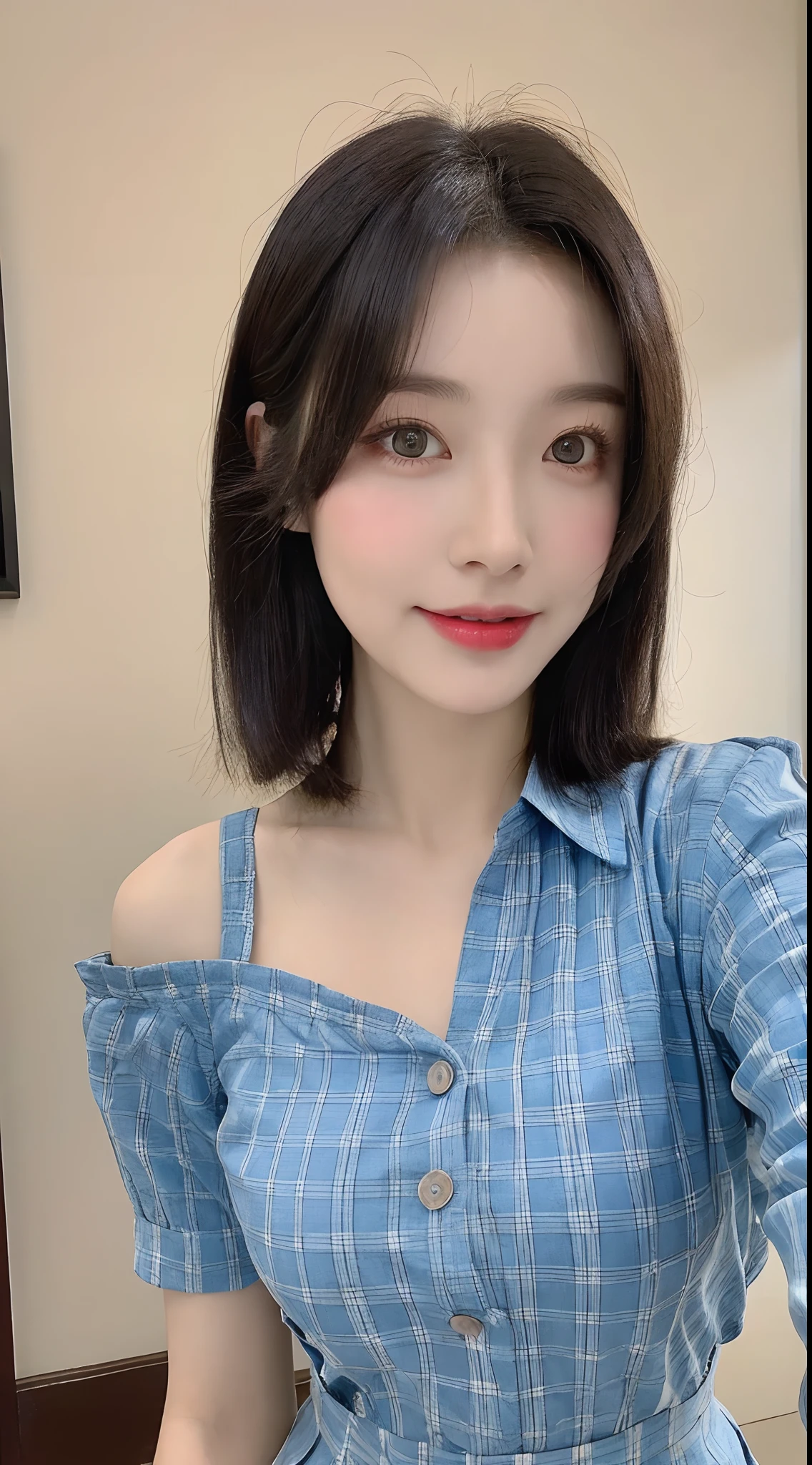 high detal,8K分辨率,超高分辨率,Best image quality,a beauty girl,lipsticks,Love pupils,Peerless beauty,Messy black straight hair,shoulder-length short hair,(Coiled hair)Smooth hair,Intense and beautiful makeup,Exquisite and perfect facial features,the most beautiful big eyes,Be red in the face,Sweet smile,(Wearing a blue lace shirt with buttons,tiese ,Plaid pleated skirt)Open navel,Thin waist,(Full breasts)Get close to the viewer,dynamic angle,Extreme picture quality,Highest accuracy