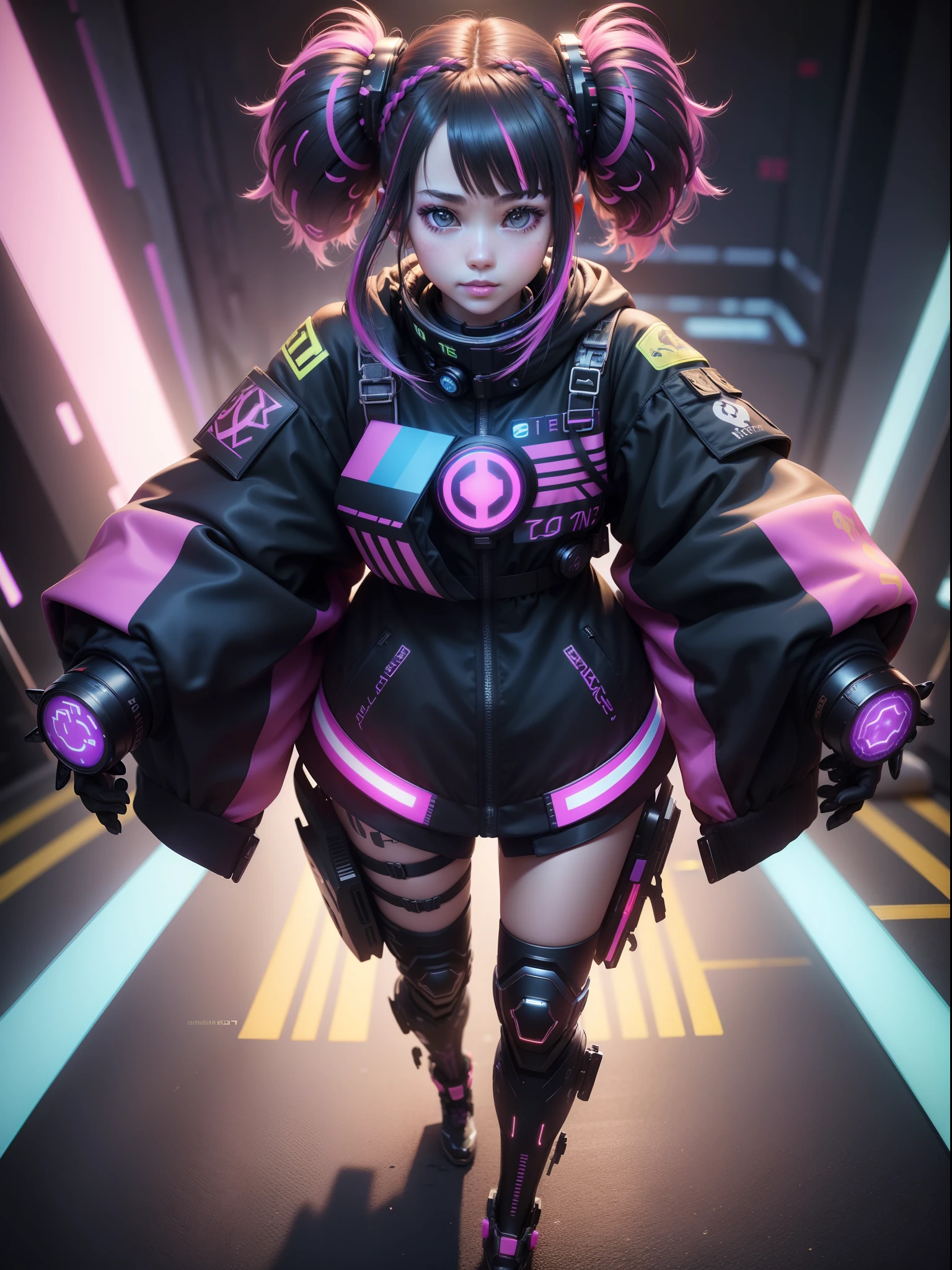 ((cyber punk perssonage)),Optical camouflage、headset on head、Neon light、The future city、Luminous jumpsuit、(1girl in, Solo:1.6),(Cute smile),(The clothes are simple), (Best Impact:1.5), (Maximalism:1.7), Vivid Contrast, (Realistic), hyper-realistic illustration, A high resolution, ultra - detailed, absurderes,(Fractal art:1.3)、Random hairstyle、Random hair colors are colorful、full body shot of、Retro、Precise focus、randome pose、cinema4d、Drama