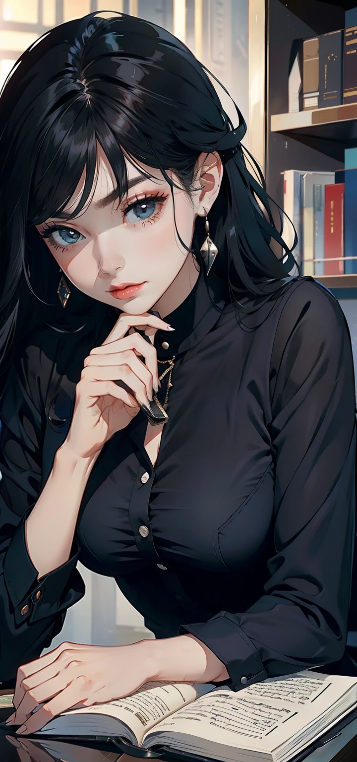 beautiful finger, Book and pen in hand, elegant clothes, Elegant dress, Writer, black hair