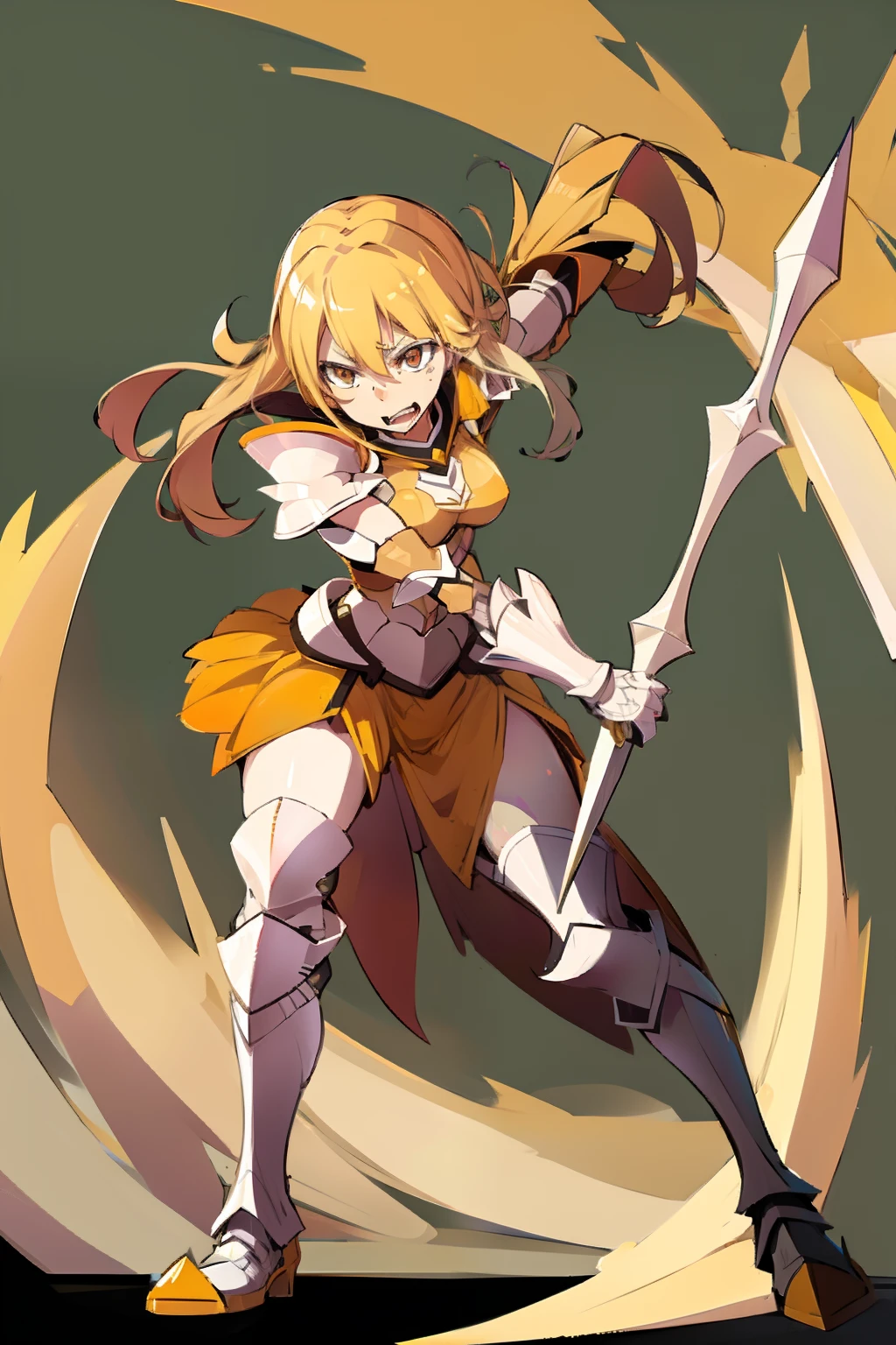 lemon shark woman, orange, sharp teeth, halberd wielding, battle pose, full body, knight armor