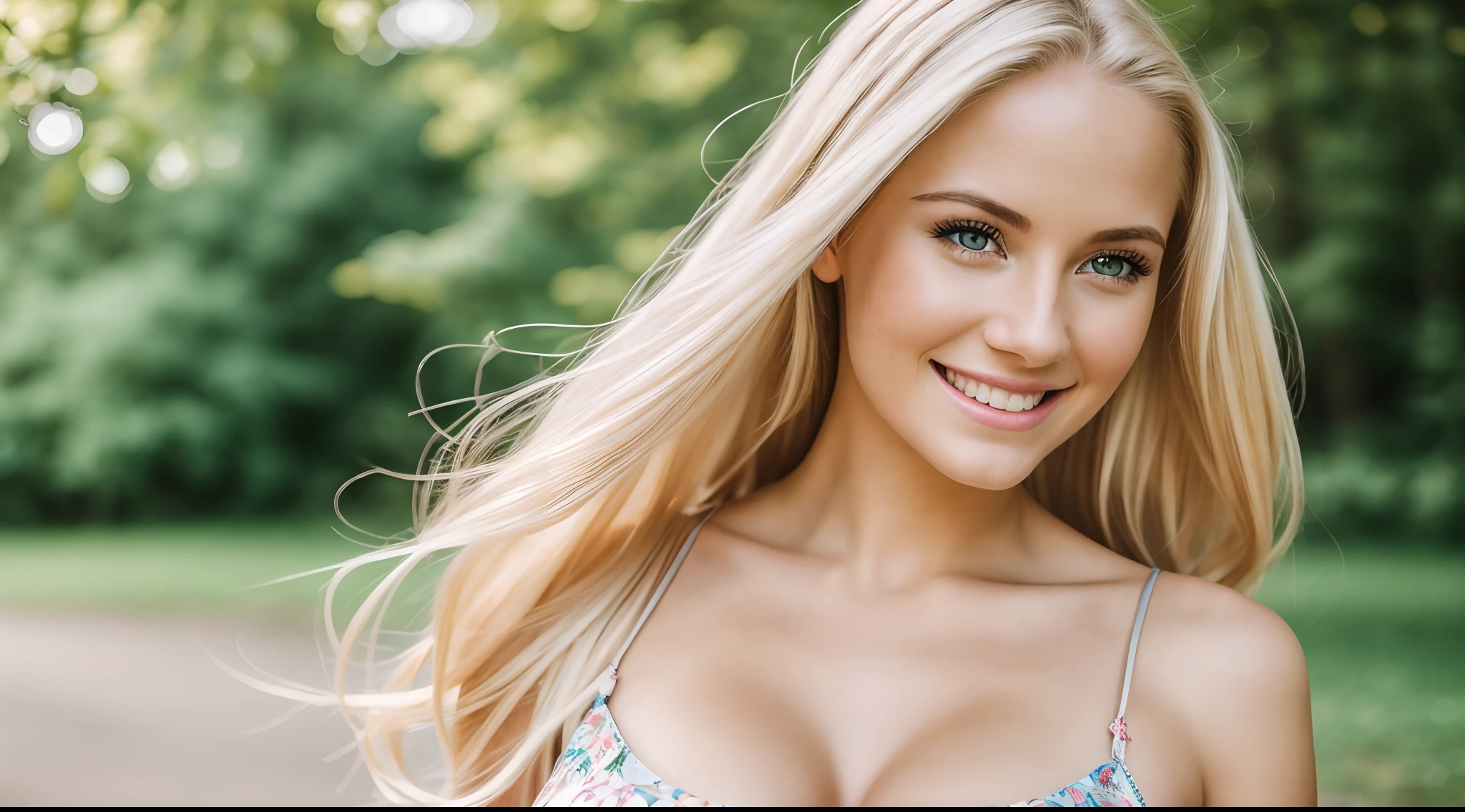 Hyper realistic and detailed photo of one smiling blonde young beautiful woman wearing a summer dress. perfect eyes, (Eye makeup:1.1), (highly detailed skin:1.1), (perfect big boobs), RAW, analog style, sharp focus, 8k UHD, DSLR, high quality, Fujifilm XT3, grain, award winning, masterpiece.