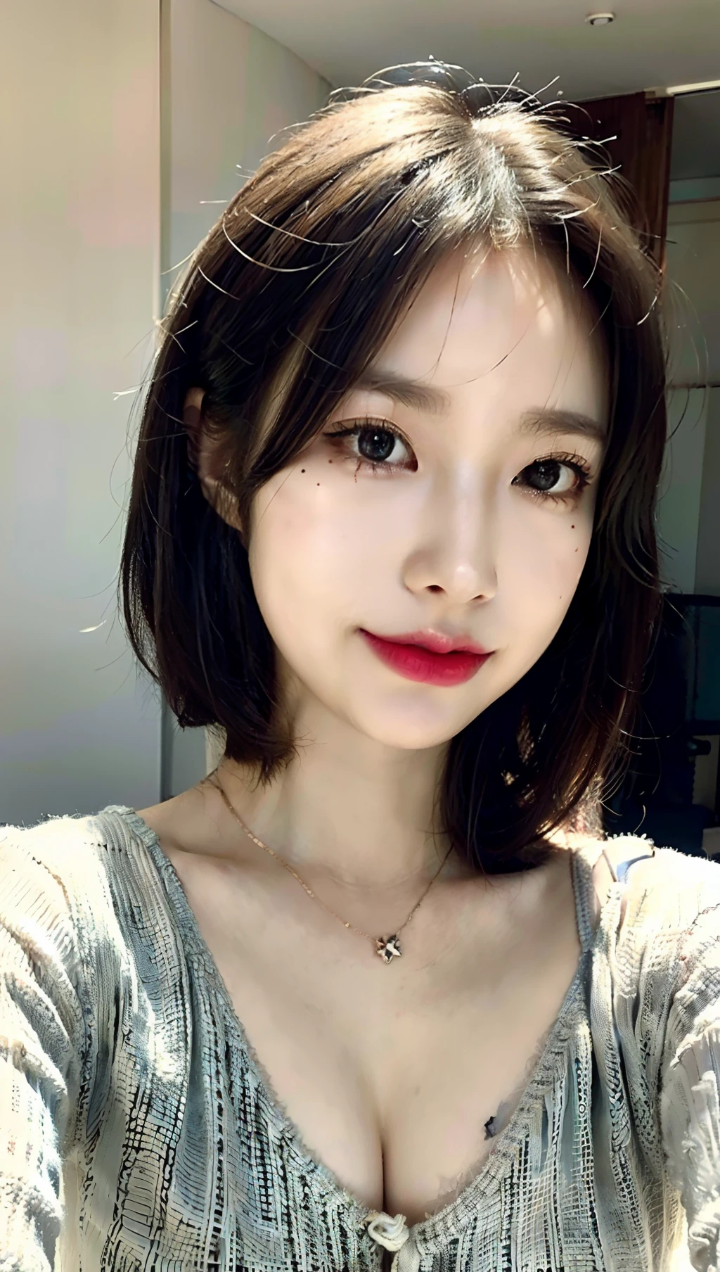 A young Korean woman with a short haircut, a sleek figure and pronounced breasts, sips coffee during a relaxed breakfast. Her radiant presence and the grace with which she enjoys the meal reflect a balance between personal style and comfort Black hair, hair bobbles, longeyelashes, solid circle eyes, light smile, mole under eye, light smile, shy, puckered lips, Surrealism, drop shadow, stereogram, pov, atmospheric perspective, depth of field, first-person view, f/1.8, 8k, super detail, ccurate, best quality, highres, best quality,short cut hair, (beautiful detailed makeup), (sexually aroused blushing heavy breathing:1.0), (soft glow bloom:0.5),mole under eye:1.4,smile:1.5,huge breasts :1.5