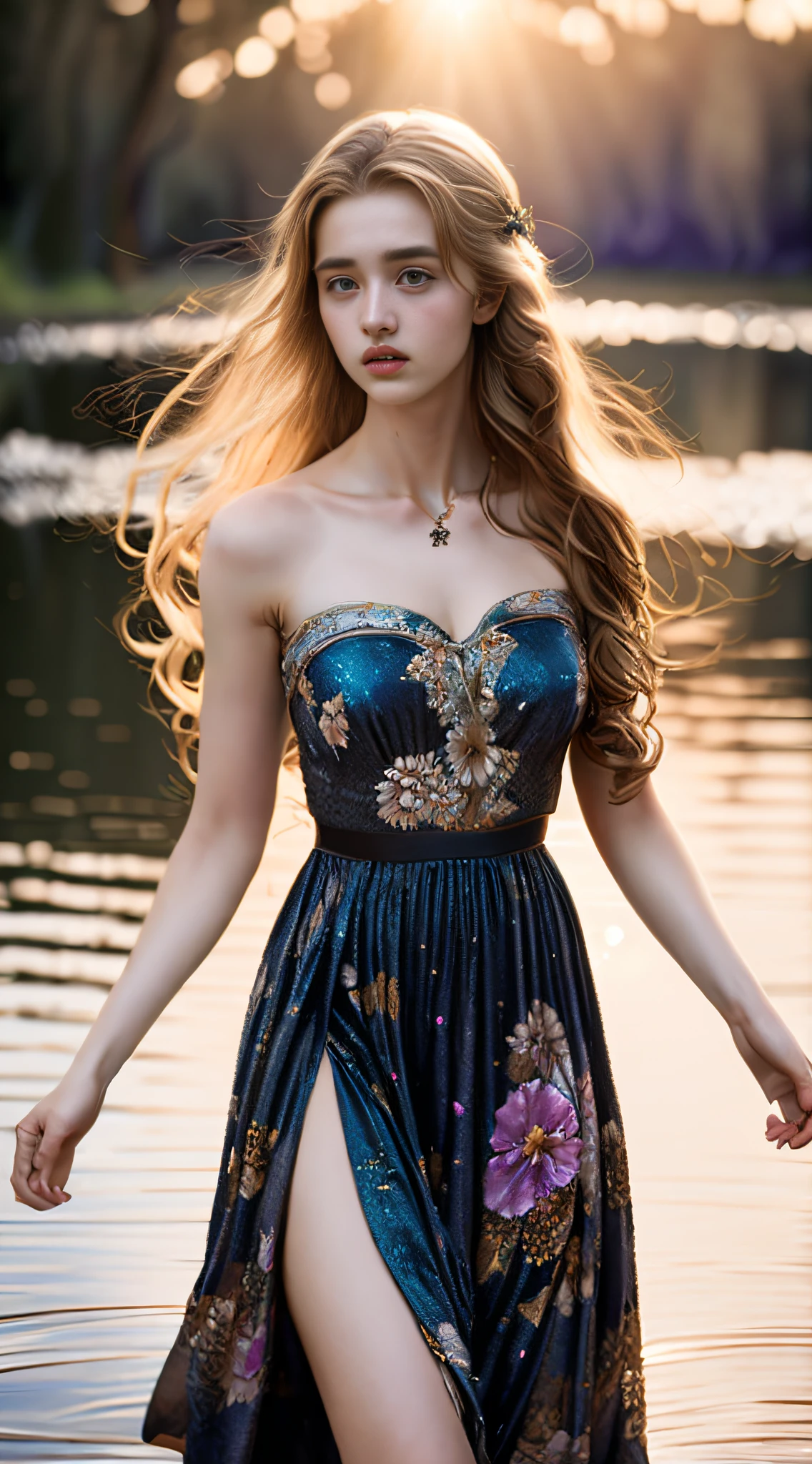 RAW photograph, high quality picture of a 18 yo english woman, close up of a bacchante, photorealistic, cinematic, dramatic, perfect face, well formed facial features, calm peaceful happy expression, glowing pale white skin, soft skin, long loose flowing hair, flowers in her hair,  small breasts, perfectly formed breasts, beautiful flowing grecian style dress, iridescent patterned dark blue dress, jewelry, dancing by a lake, morning sunshine, lens flare, short depth of field, low contrast, shadows, accurate face, high quality, ultra detailed, detailed facial features, accurate hands, accurate fingers, accurate feet, sensual, HD, 4k, 8k, JW Waterhouse