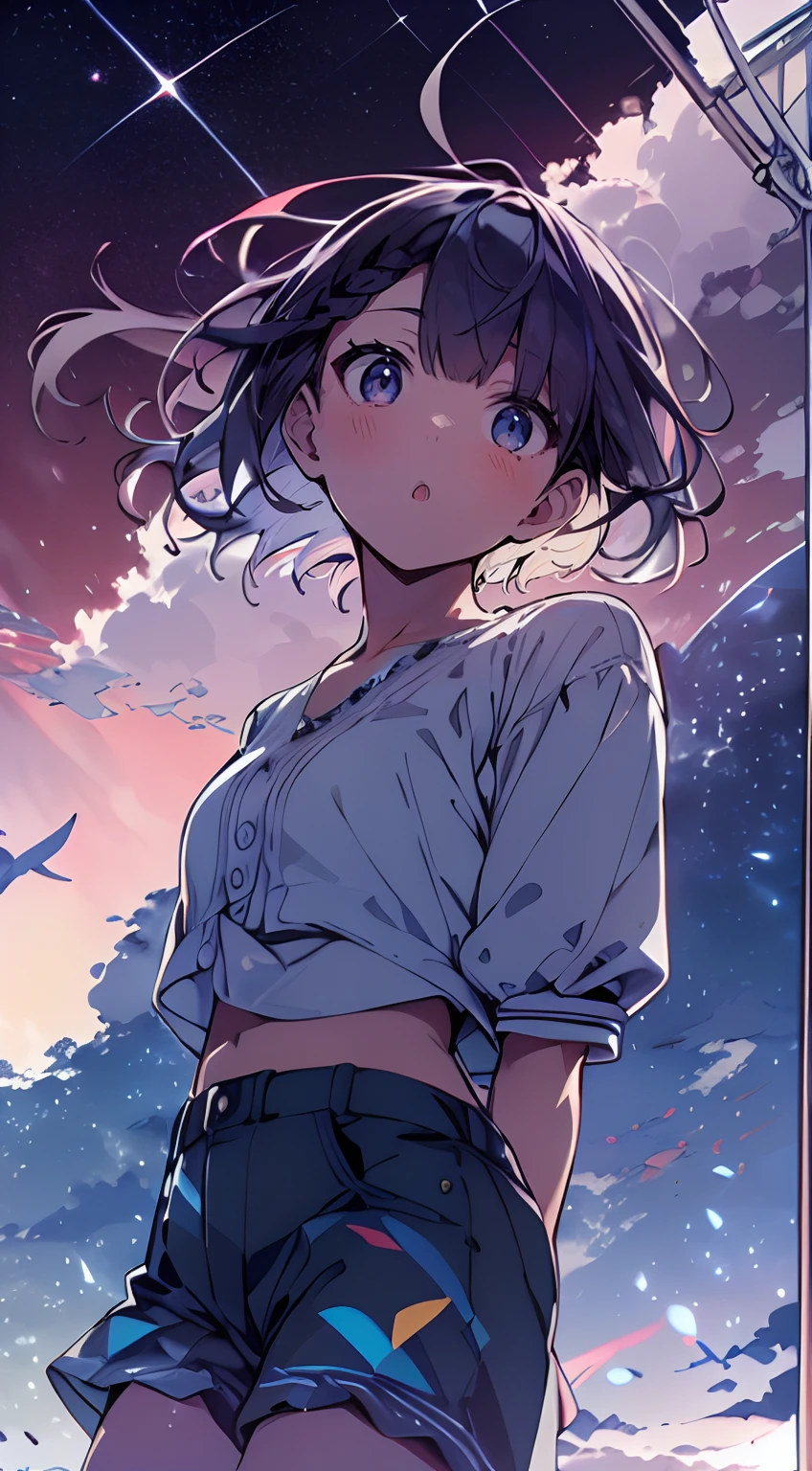 masutepiece, Best Quality,Illustration, Wallpaper, Ultra Detail, absurderes, 1girl in、 (Medium short hair、short braided hair), Beautiful ultra-detailed eyes , Hair fluttering in the wind、:o、Smaller head、Beautiful night sky、(a panoramic view:1.5)