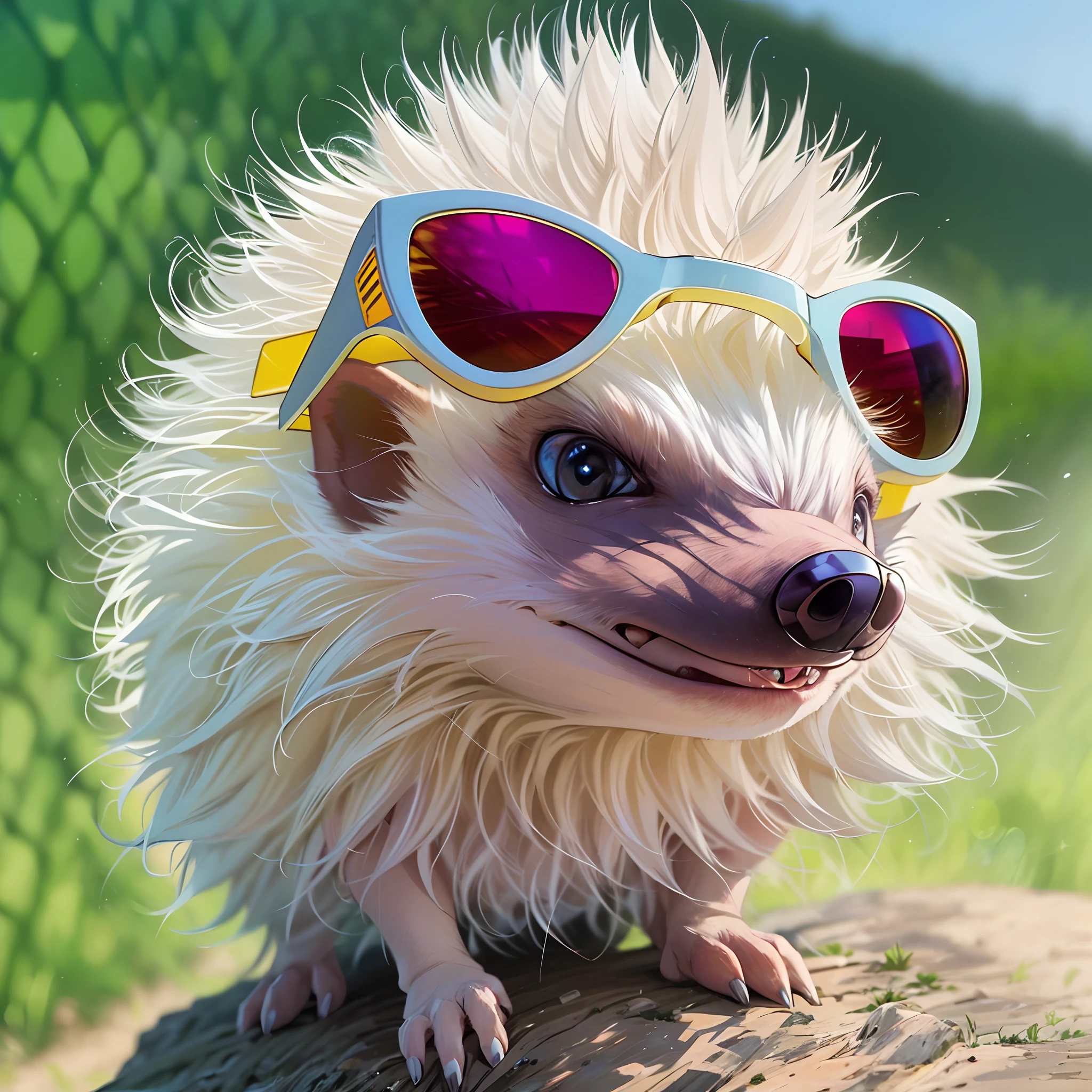 Meet Alby the Albino Hedgehog: the sunniest personality in the hedgehog world, rocking sunglasses even on cloudy days. With his sleek style and unique color, he's the envy of all critters trying to look cool!
