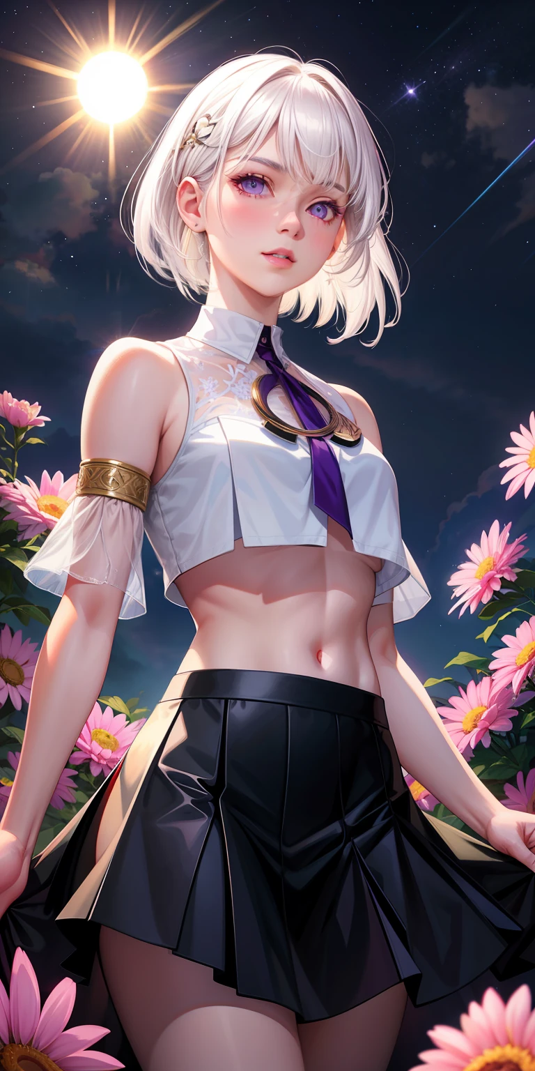 realistic, 1girl, white hair, purple eyes, glowing eyes, crop top, skirt, parted lips, blush, night, flowers, sun, sunlight,