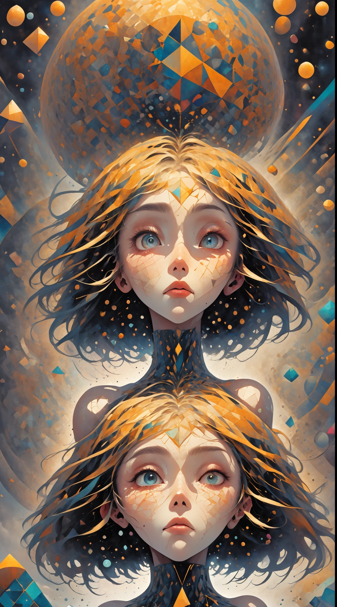 (abstract:1.2) young woman made up of (geometric shapes:1.2),(Fractal Geometry head,eamless geometric face:1.35),turning into a (Alphonse Mucha+Peter Mohrbacher+zdzislaw beksinski) style eamless geometric,blank background,Geometric Puzzle Style,fine detailed pointillism painting + low-angle view,art deco,something new material,cube,micro scale,expressive,rich jewel tones,radiating geometric patterns,Minimalism,abstract mosaic various shapes various shapes,distinct mosaic patterns,beautiful artwork,surrealism,(highly epic detailed geometric futuristic:1.5),centered,middle of an Insanely colorful epic realistic,prismatic,grid,triangles,fractal, elemental fusion,(gold:0.9),(chromium:0.9),Square,Circle,Diamond,Tetrahedron,Sphere,Cylinder,Random Polygon Cube