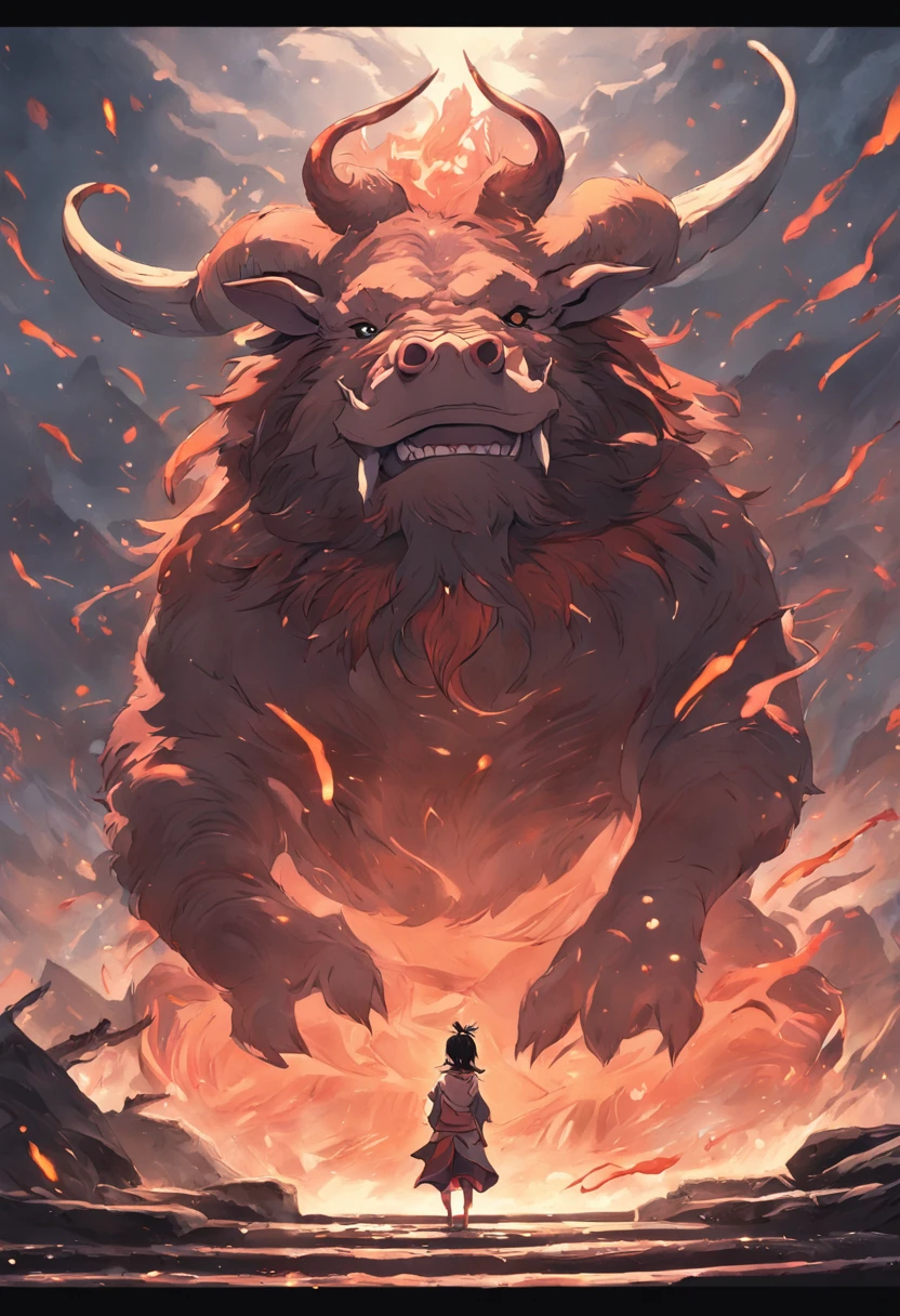 Chinese mythology，Higher than mountains,A huge wild boar，Dark style，huge tusks，Huge body contrast