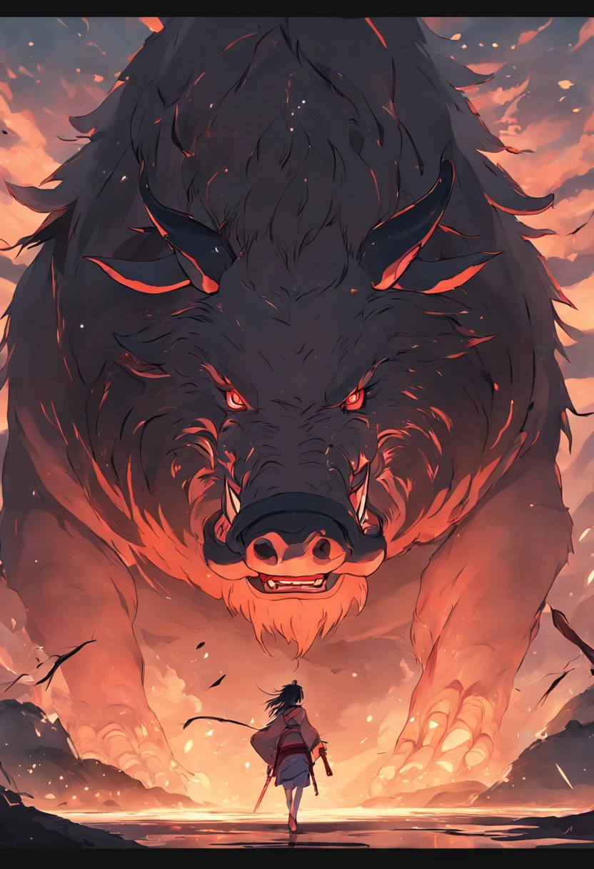 Chinese mythology,Higher than mountains,A huge wild boar,Dark style,huge tusks,Huge body contrast