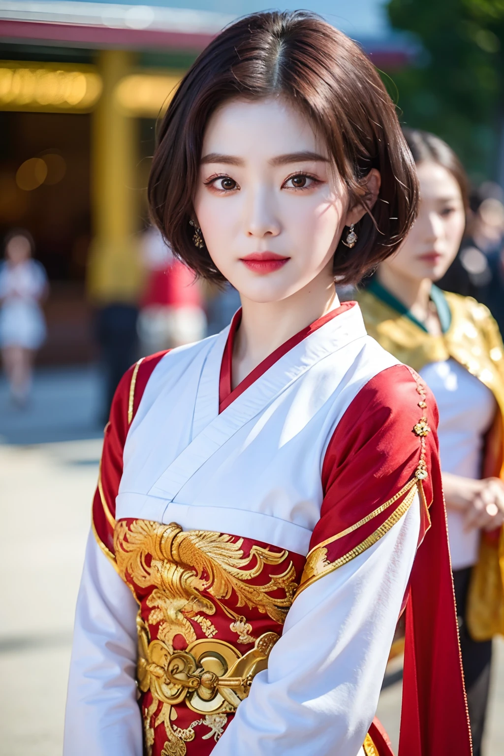 Very detailed eyes,very vey very detailed face,Best quality at best,Masterpiece,The is very detailed,ultra - detailed,(realisticlying,photographrealistic:1.3),ssmile,(facing the front there),looking at viewert,Sunnyday,exteriors,full bodyesbian,Realiy,Reallightandshadow,streetview,eye shadows, Short hair,,Period costumes,Gorgeous and complex dragon and phoenix Hanfu,