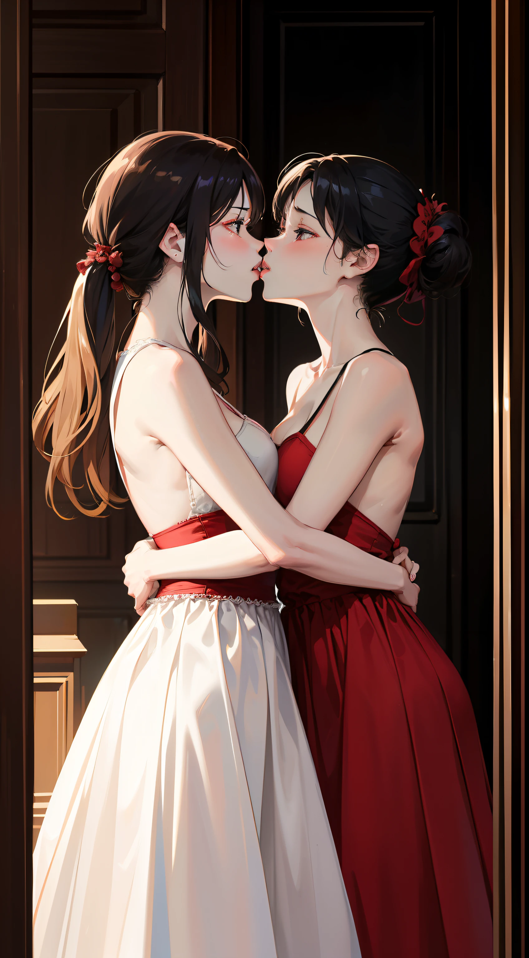 A captivating and intimate depiction of love and desire, Two women embrace a passionate and simple kiss