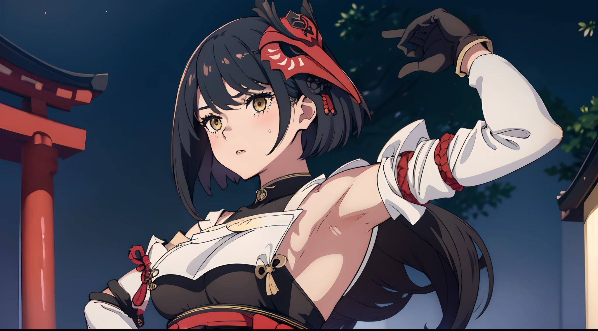 1girl, (solo:1.2), ((masterpiece)), (shadow), [slim], (small breasts), ((sharp focus)), pale skin, ((detailed eyes)), (blurry background), (dynamic angle), dynamic pose, gradient hair, yelandef armpits masterpiece, kujousaradef, kujousararnd, closed mouth, looking at camera, outdoors, japan vibes, japan house, night, from below, focus on eyes and breasts, 1girl, mask, gloves, bodysuit, bangs, blush, yellow eyes, mask on head, short hair, looking at viewer, bird mask, black gloves, detached sleeves, black hair, blue hair, black bodysuit, hair between eyes, eyes visible through hair, wide sleeves, hand on hip, flat lips, thick, ((presenting armpit, arm up, sweating armpit, opened clothes))