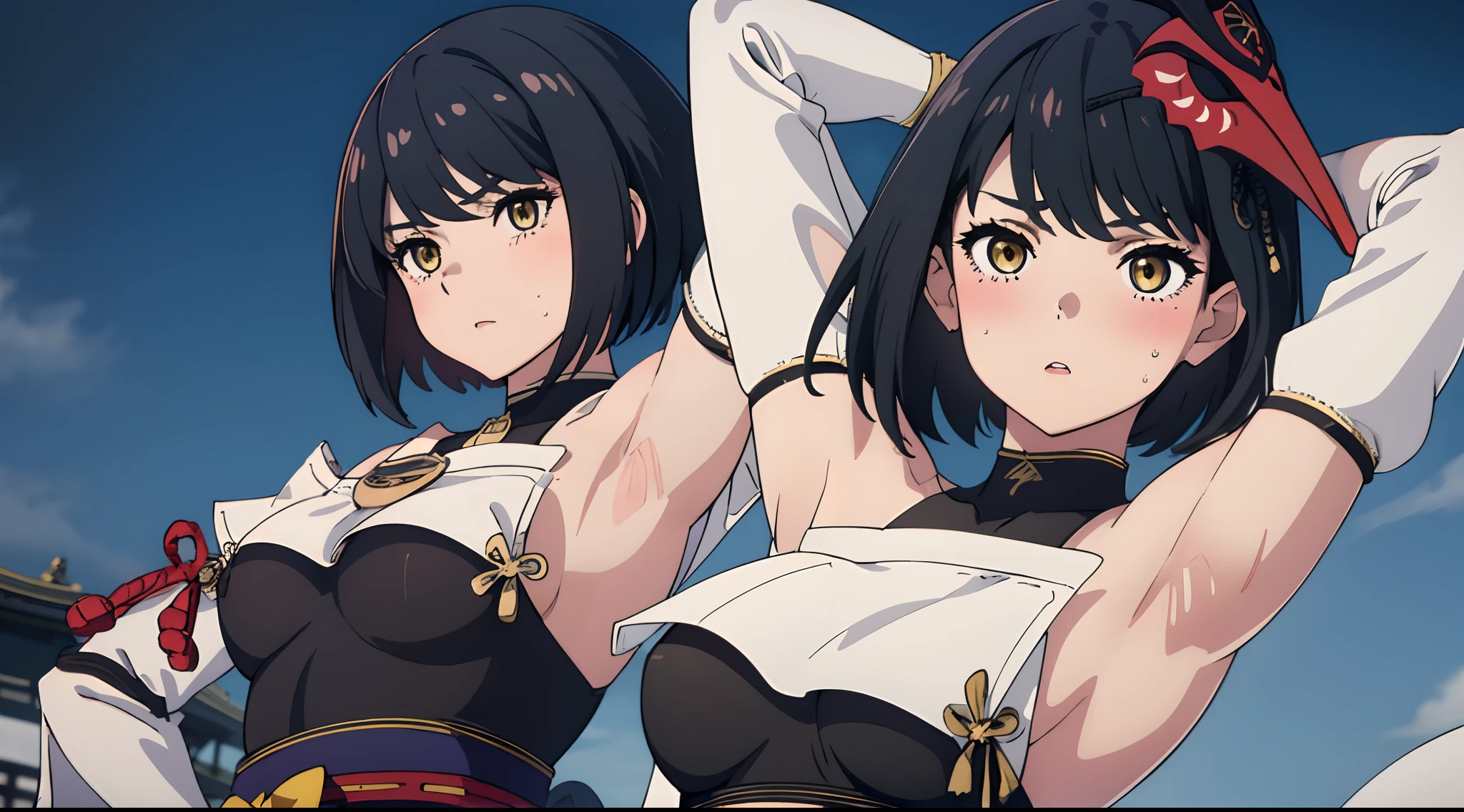 1girl, (solo:1.2), ((masterpiece)), (shadow), [slim], (small breasts), ((sharp focus)), pale skin, ((detailed eyes)), (blurry background), (dynamic angle), dynamic pose, gradient hair, yelandef armpits masterpiece, kujousaradef, kujousararnd, closed mouth, looking at camera, outdoors, japan vibes, japan house, night, from below, focus on eyes and breasts, 1girl, mask, gloves, bodysuit, bangs, blush, yellow eyes, mask on head, short hair, looking at viewer, bird mask, black gloves, detached sleeves, black hair, blue hair, black bodysuit, hair between eyes, eyes visible through hair, wide sleeves, hand on hip, flat lips, thick, ((presenting armpit, arm up, sweating armpit, opened clothes))