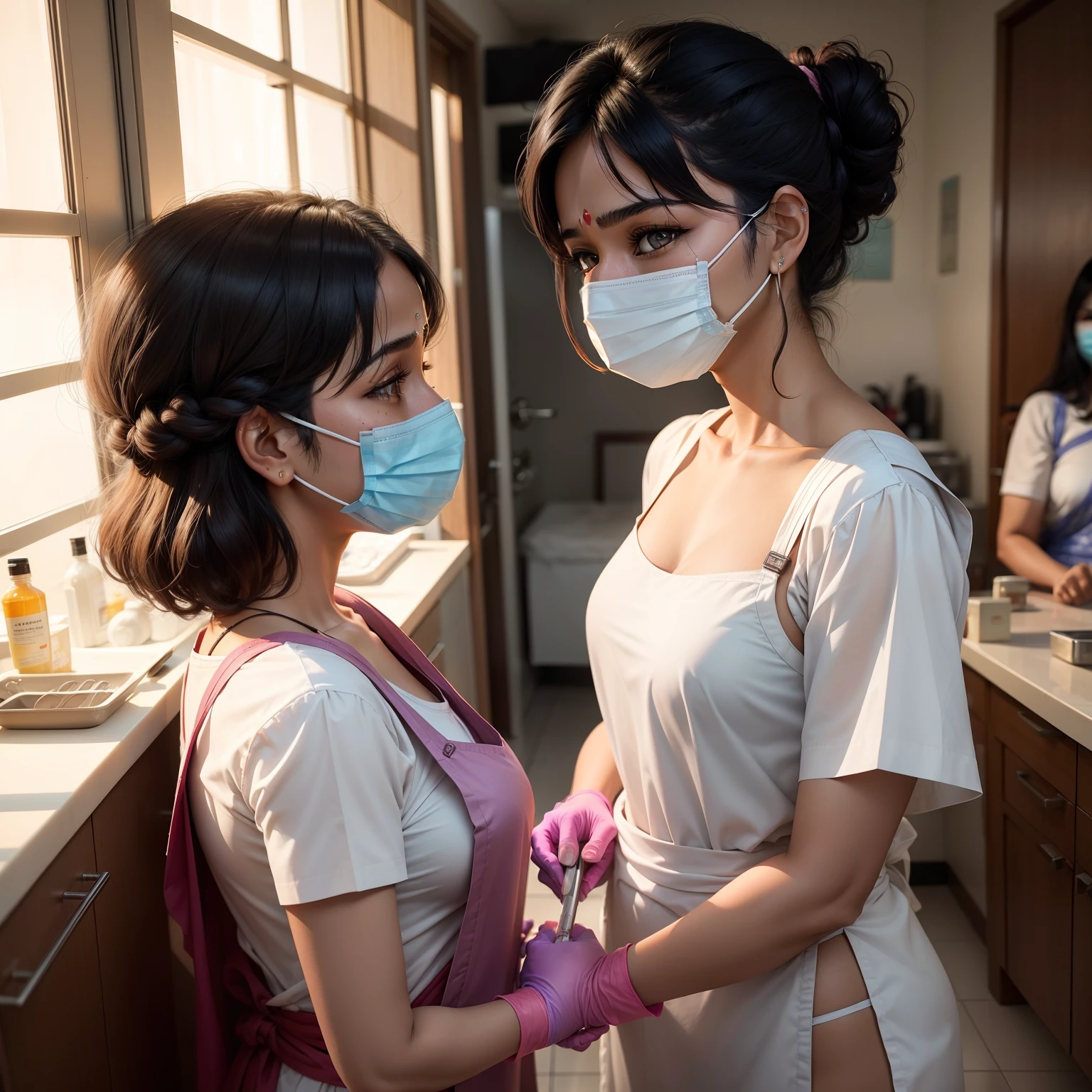 Indian woman、20yr old、Two women staring at each other、Human skin feel、Realistic Woman、Paper Apron、Dental Hygienist、dentistry、dentist、Solo Shot、short-cut、surgical mask、masks、gloves、rubber glove、