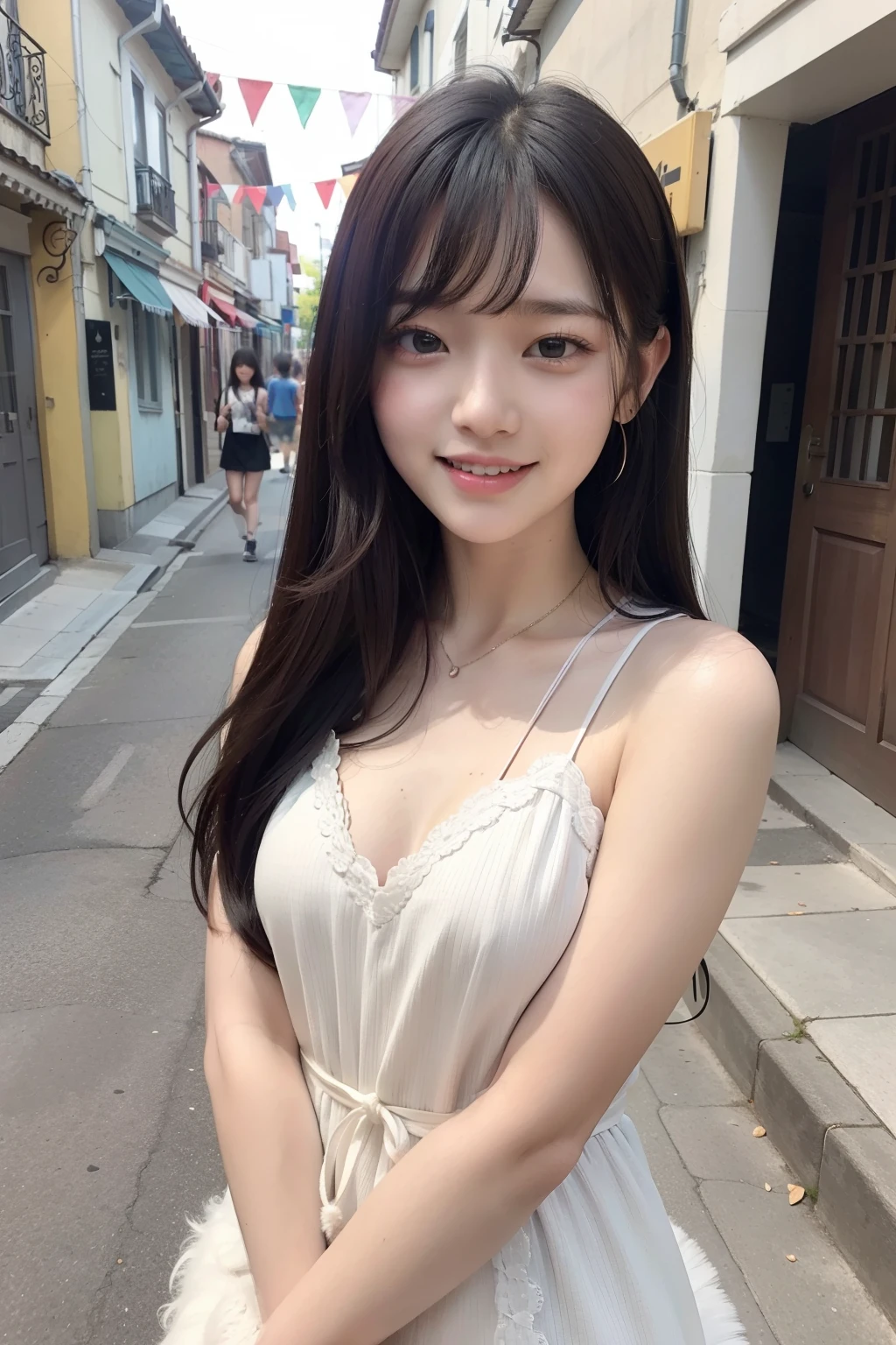 Photo Real、photoRealstic、ultra-detailliert、masutepiece、top-quality、8K shorth hair、Lots of bangs、Patsun、hime-cut、Himecut Hanging eyes、Narrow-eyed、Young Face、The contours of the face are round、Cute girl s sixteey body、young body、Beautiful skin Clothes without sleeves、Fluffy、onepiece、Lots of decorations for clothes Facial expressions to enjoy、Laughing expression、Laughing Background with、In the street、alleyway