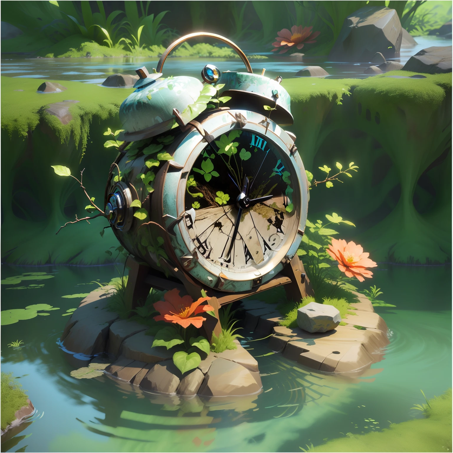 There is a worn-out clock on the rocks in the water， It is surrounded by green vines，3 d render stylized, stylized 3d render, Stylized game art, Stylized concept art, stylized as a 3d render, digital painting highly detailed, very detailed digital painting, 3 d stylize scene, Stylized digital illustration, highly detailed digital painting, an overgrown，Overgrown with shiny spots