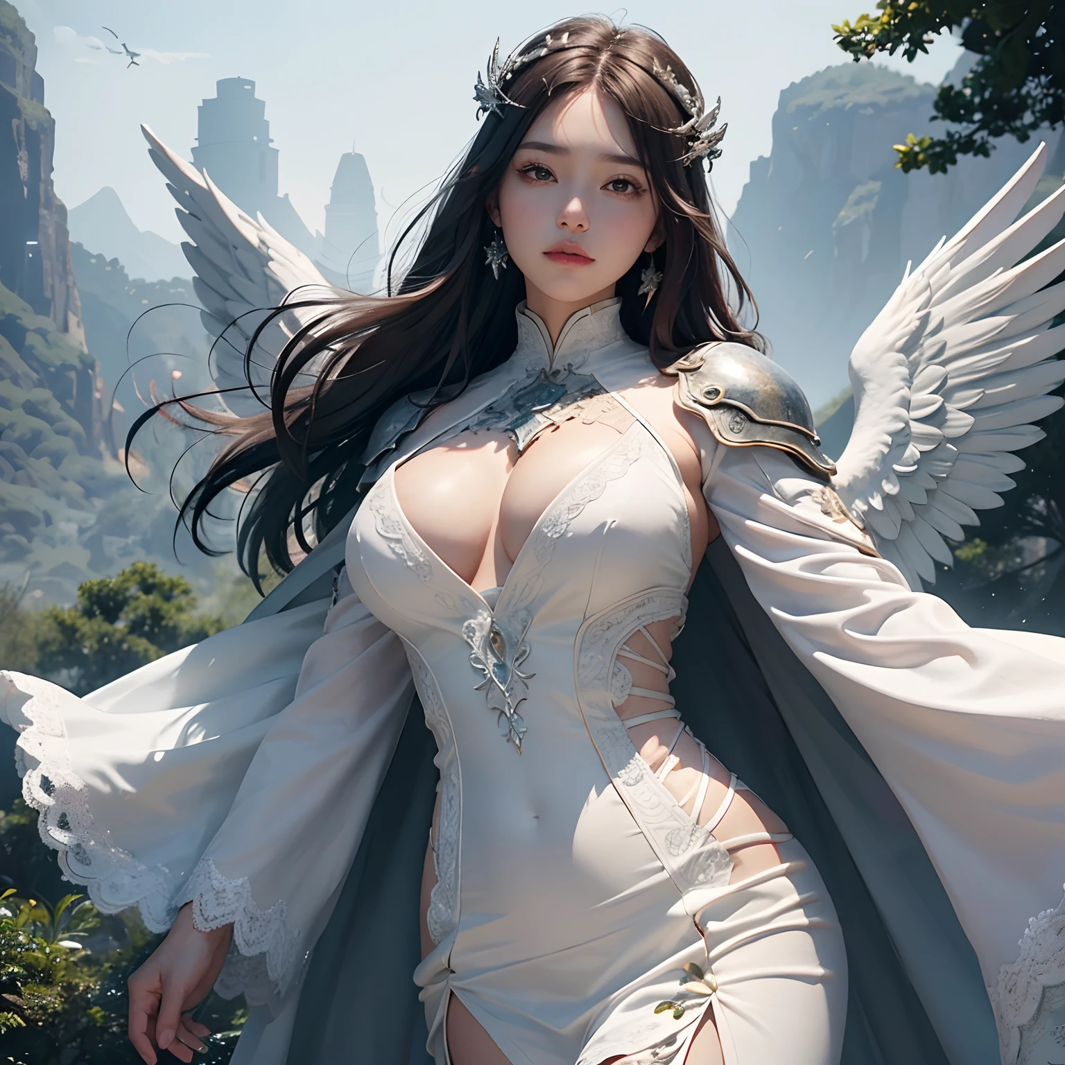 1girl in, 独奏, offcial art, unity 8k wall paper, ultra-detailliert, beautifly、Aesthetic, ​masterpiece, top-quality, Photorealsitic, a female angel、6 white large wings on the back:2.0、Silver armor、robe blanche、Hair ornament with small wings、valkyrie、Wide Sword、Circle of Angels Emitting Light、light magic、depth of fields, Fantastic atmosphere, Calm palette, tranquil mood, Soft shading、You can see the forest in the distance、See castles in remote mountains、Most Beautiful Form of Chaos、elegent、Dark theme designed by brutalists、plump figure、large full breasts、Floating in the air:1.5、Composition looking up:1.5、Sky over the forest、You can see the castle on the mountains in the distance