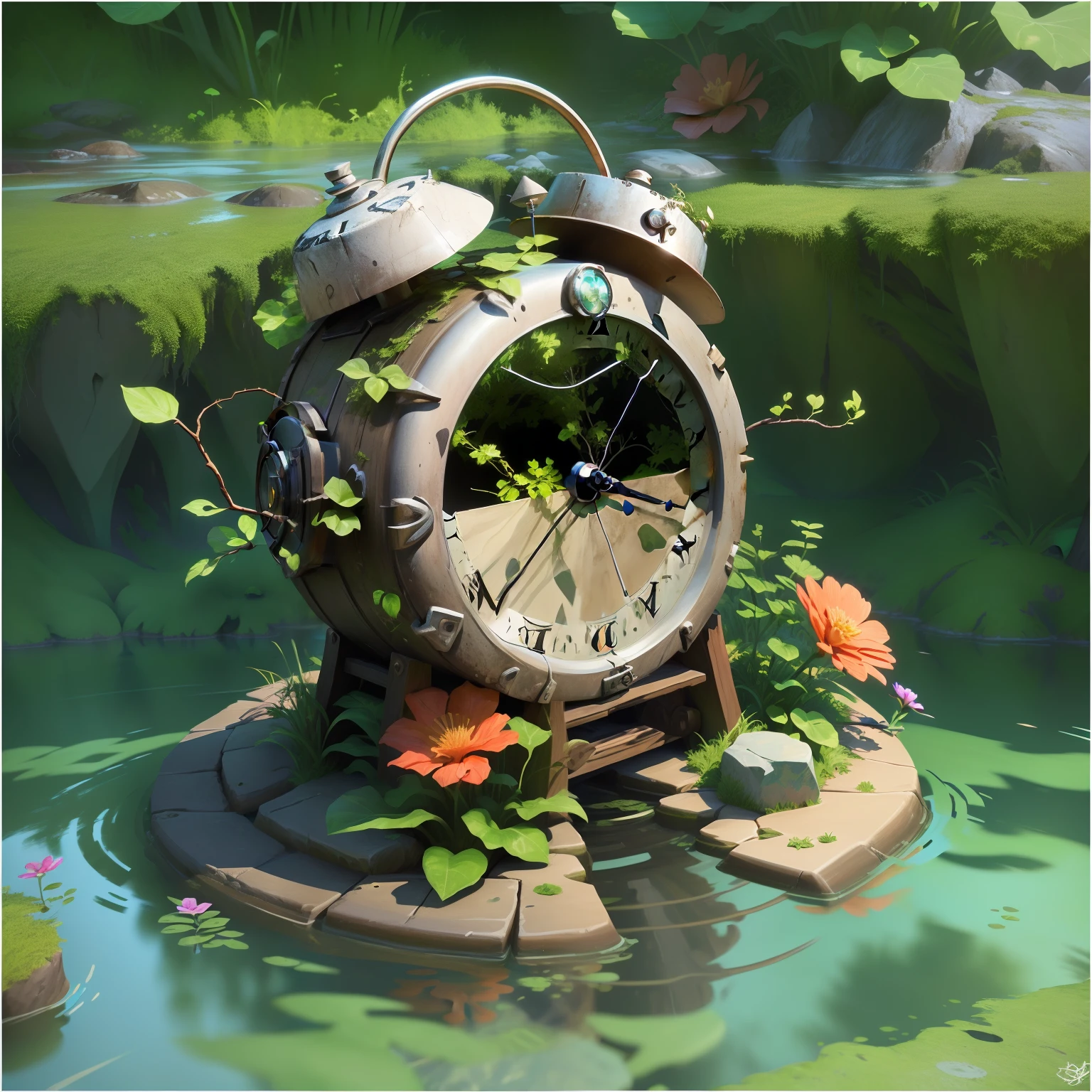 There is a worn-out clock on the rocks in the water， It is surrounded by green vines，3 d render stylized, stylized 3d render, Stylized game art, Stylized concept art, stylized as a 3d render, digital painting highly detailed, very detailed digital painting, 3 d stylize scene, Stylized digital illustration, highly detailed digital painting, an overgrown，Overgrown with shiny spots