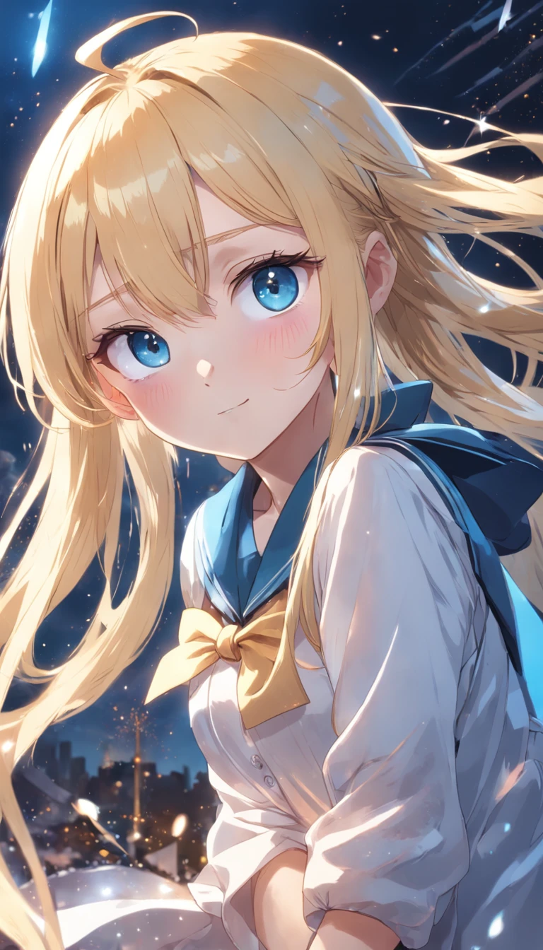 porate、School uniforms、bright expression、poneyTail、young and shiny white shiny skin、Best Looks、Gold reflects light、Platinum blonde hair，Shine brightly、Shiny light hair,、Super long silky straight hair、Beautiful bangs that shine、Big blue eyes that sparkle like crystal clear and charming、Very nice and lovely 16 year old girl、Lush bust