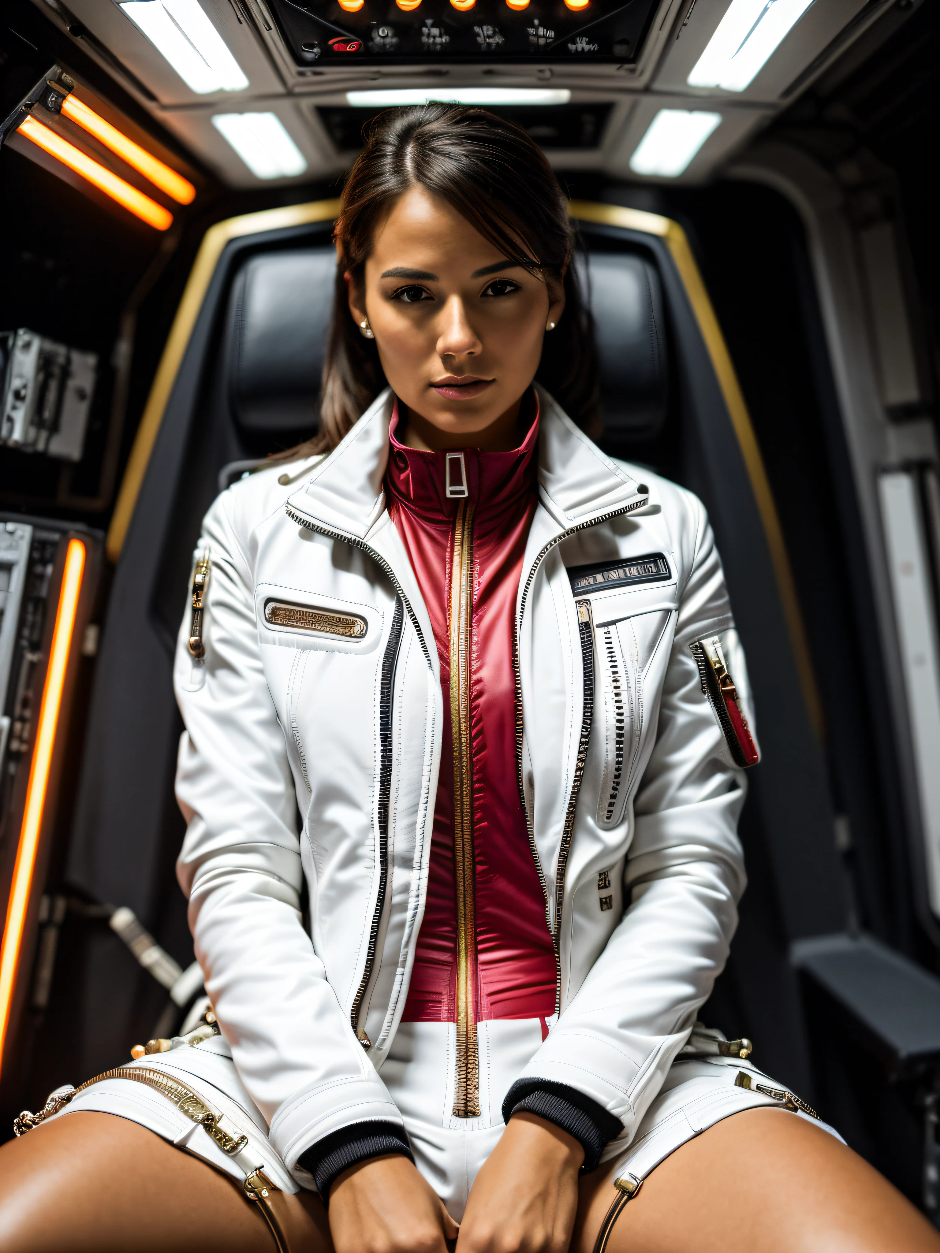 a woman sits in the pilot's seat, (wide open white jacket:1.3), (joystick:1.3), red shorts, short pants, open zipper, (open zipper:1.5) legs open, (energy, light particles), space station, (high detailed skin:1.3), soft lighting, high quality, film grain, Fujifilm XT3, submissive, dominant, (sexy:1), romantic, BDSM, moody an atmosphere, attractive, ultra high res, ultra realistic, highly detailed, golden ratio