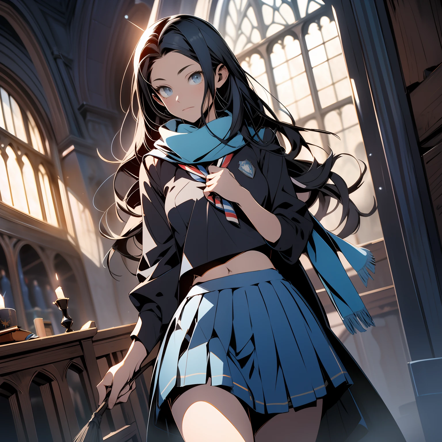 inside Hogwarts, adult, hogwarts school uniform, ravenclaw, blue and silver, black hair, crop top, sexy, 18 years old, medium chest, cowboy shot, (long hair), short skirt, school skirt, scarf