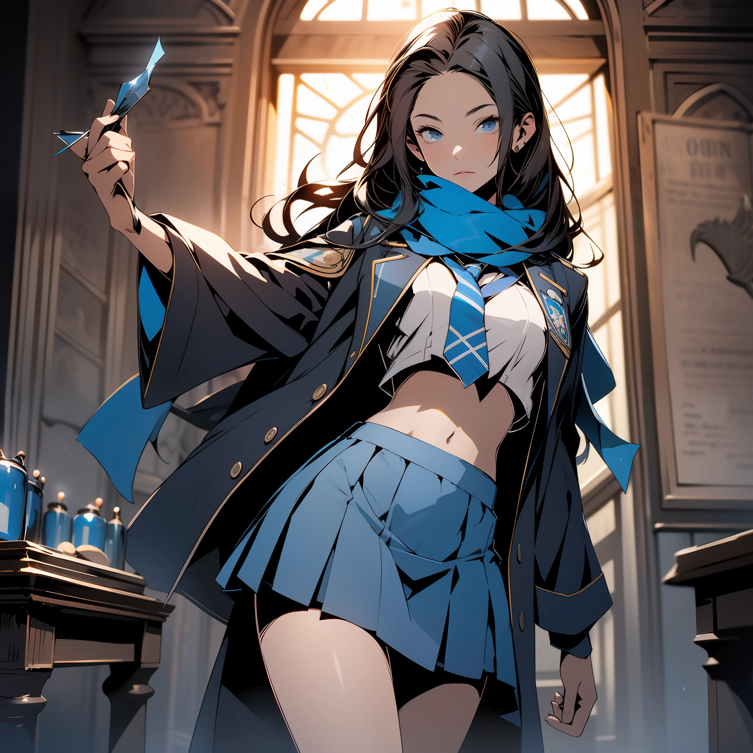 inside Hogwarts, adult, hogwarts school uniform, ravenclaw, blue and silver, black hair, crop top, sexy, 18 years old, medium chest, cowboy shot, (long hair), short skirt, school skirt, scarf