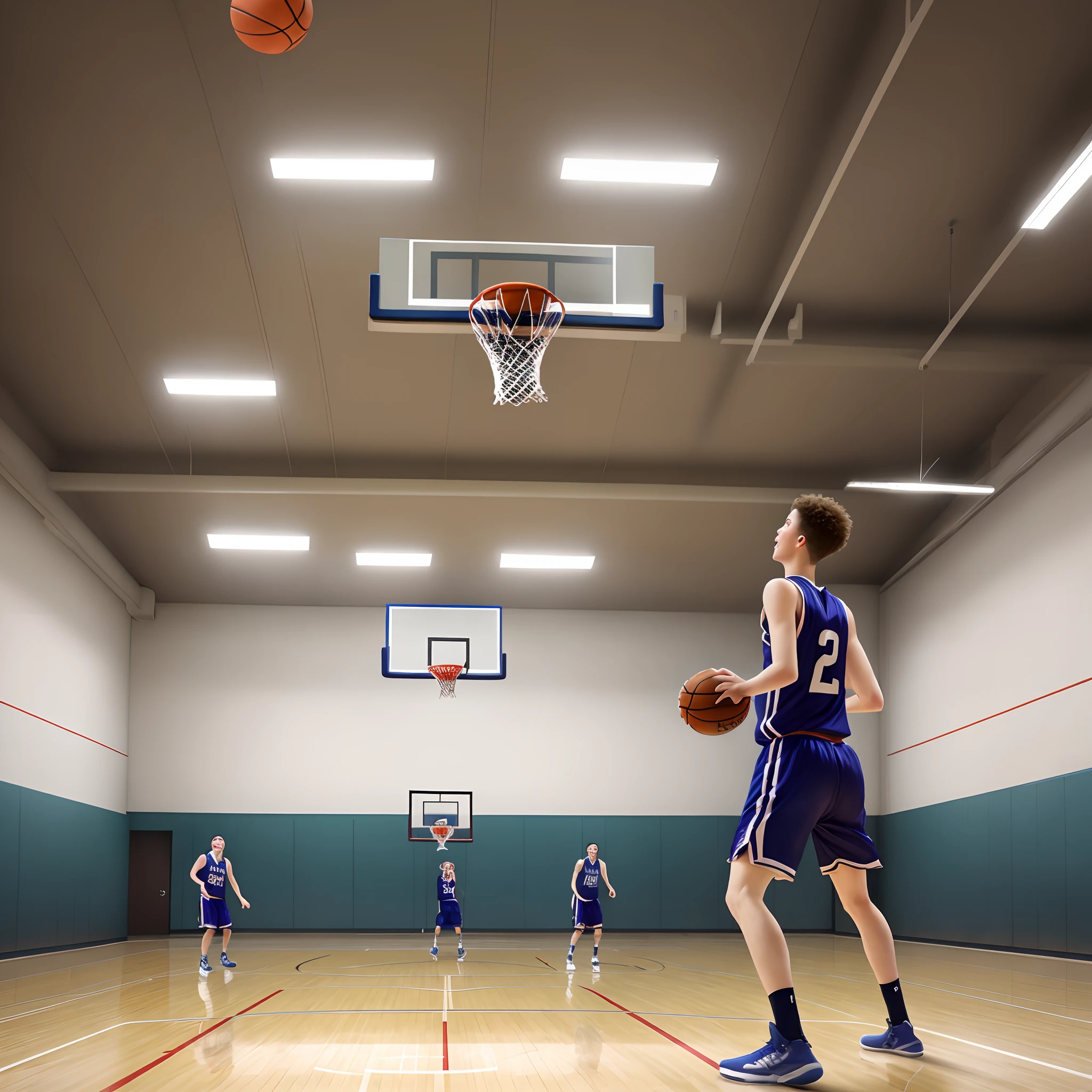 Photorealistic image of playing basketball in gymnasium