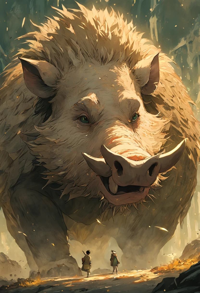 This is a surreal 32K China、Portrait of the mythical beast wild boar，Capture every pore and texture with delicate texture and form，A huge wild boar with golden stripes，Pig's Nose，Contrast with the surrounding landscape，（（Super massive）），green color，In the background are the sky，huge tusks，Unreal Engine5，Dreamy scenes，Shocking。Refer to Stephen Chow's movie《Journey to the West》