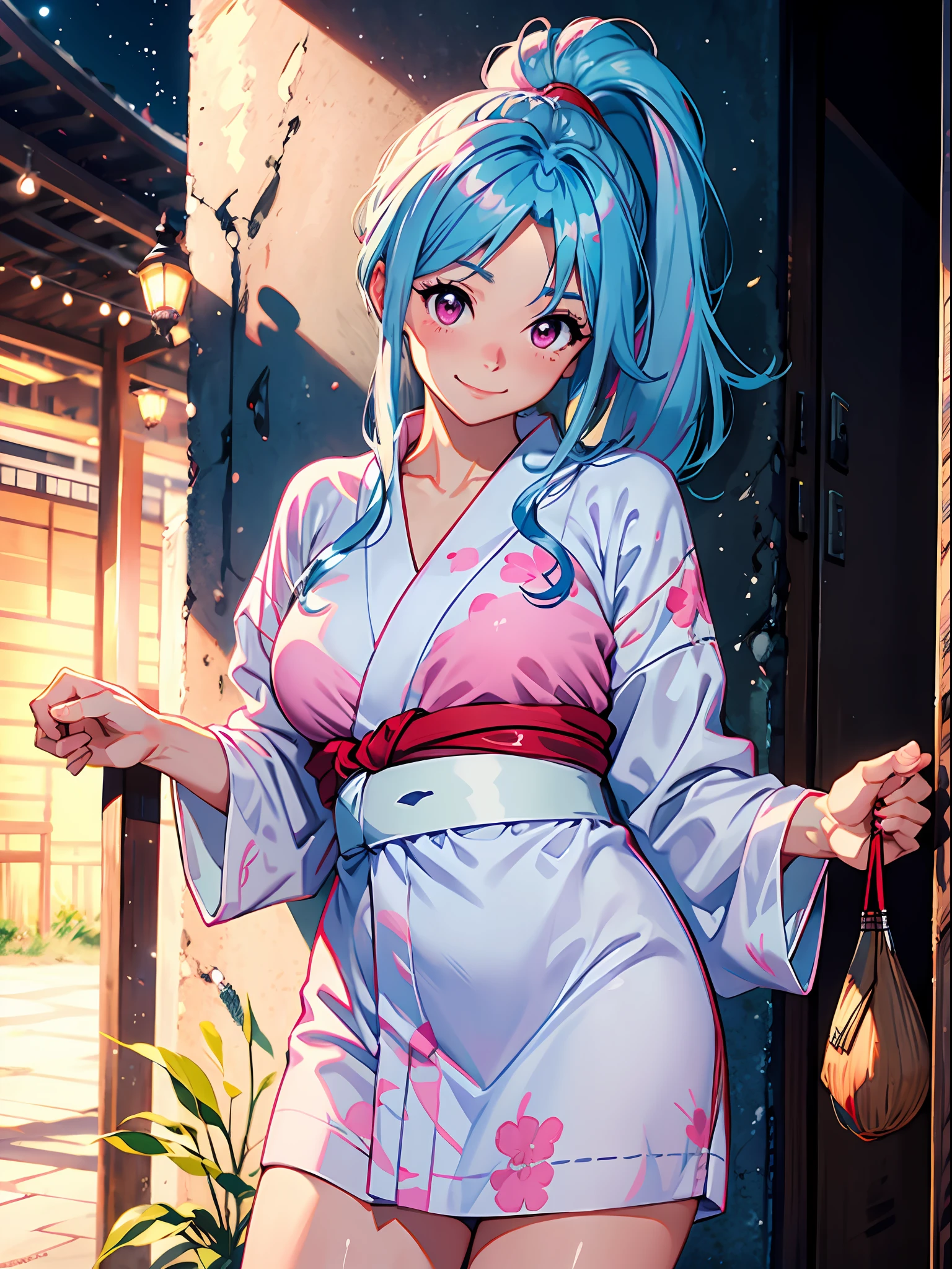 masterpiece, absurdres, vibrant, botan, solo, female, sky blue ponytial, pink eyes, oval face, blush, smile, medium breast:1.8, pink yukata , anatomically correct body, cowboy shot