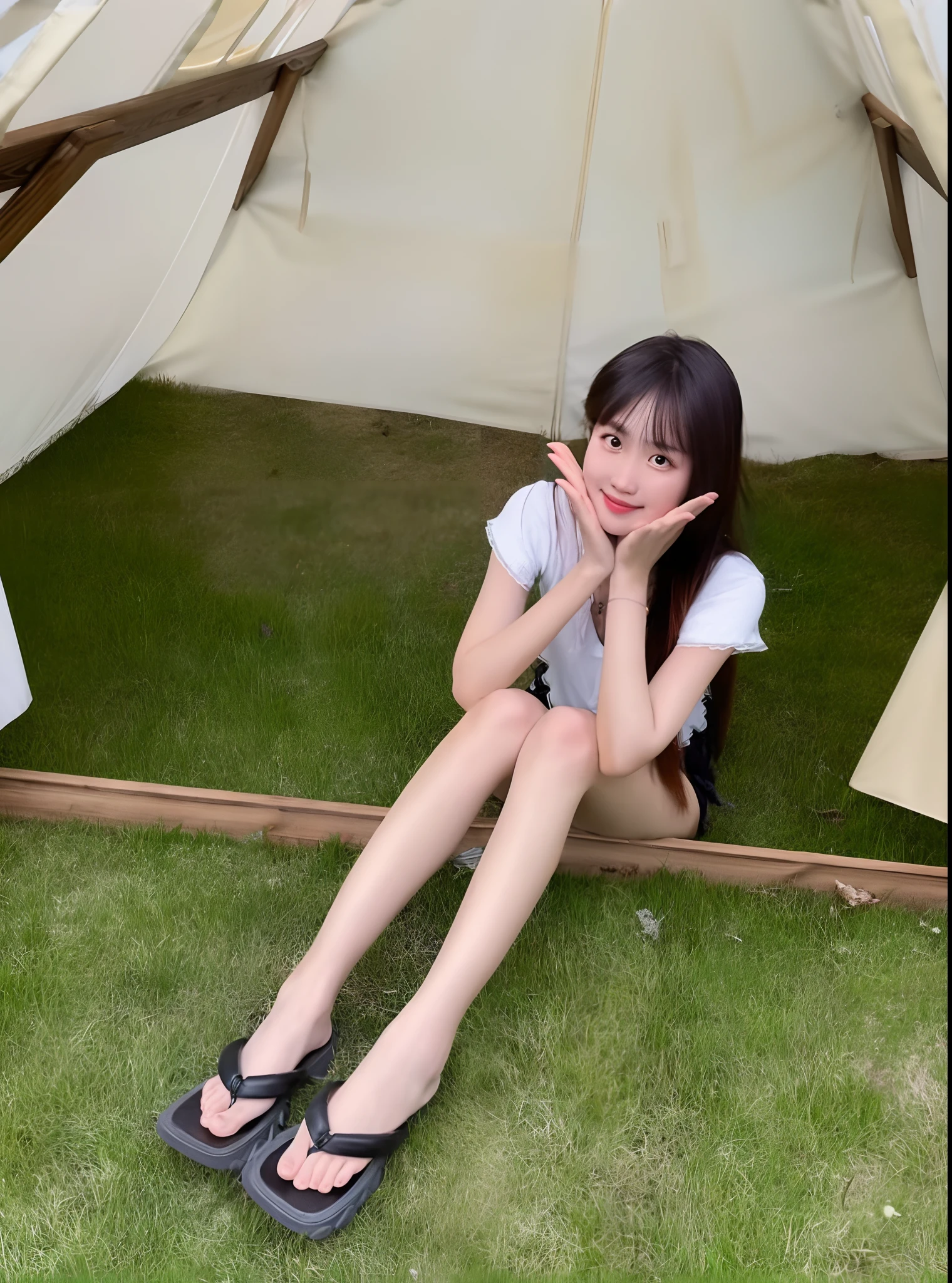 There was a woman sitting in a tent,legs crossed, ulzzangs, sat on the ground, young and cute girl, Ruan cute vtuber, xintong chen, jaeyeon nam, chiho, Shin Jinying, Cute young girl, wenfei ye, pretty face with arms and legs, 8K -- height 768, 8K))