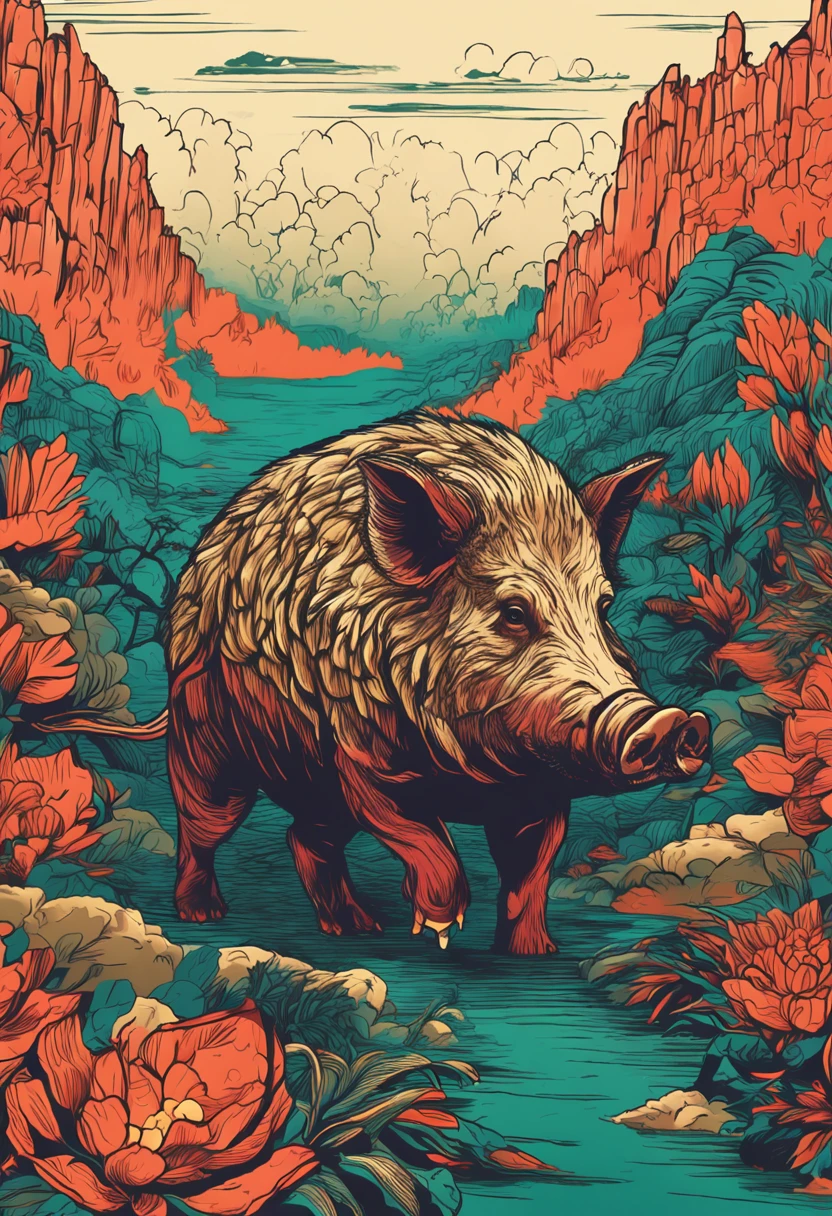 This is a surreal 32K China、Portrait of the mythical beast wild boar，Capture every pore and texture with delicate texture and form，A huge wild boar with golden stripes，Pig's Nose，Contrast with the surrounding landscape，（（Super massive）），green color，In the background are the sky，huge tusks，Unreal Engine5，Dreamy scenes，Shocking。Refer to Stephen Chow's movie《Journey to the West》