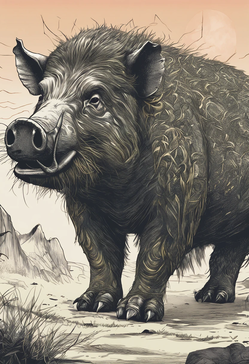 This is a surreal 32K China、Portrait of the mythical beast wild boar,Capture every pore and texture with delicate texture and form,A huge wild boar with golden stripes,Pig's Nose,Contrast with the surrounding landscape,((Super massive)),green color,In the background are the sky,huge tusks,Unreal Engine5,Dreamy scenes,Shocking。Refer to Stephen Chow's movie《Journey to the West》