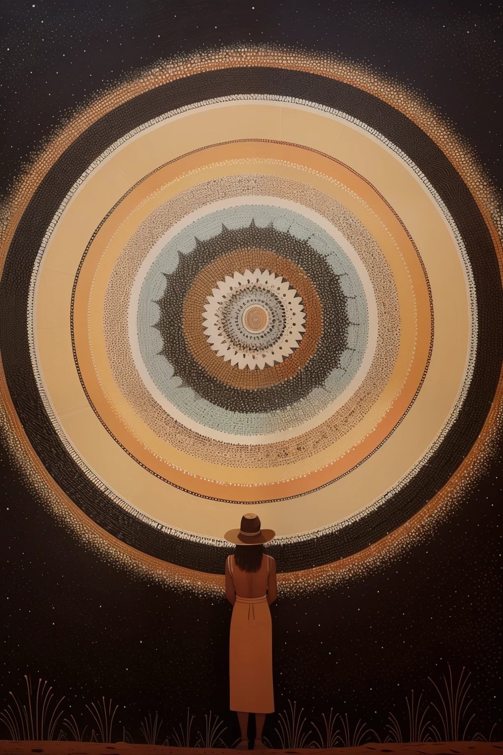 Date: 1975
Country: Australia
Description: In the Australian outback, an Indigenous artist creates intricate dot paintings, symbolizing the connection to land and spirituality in Aboriginal culture.