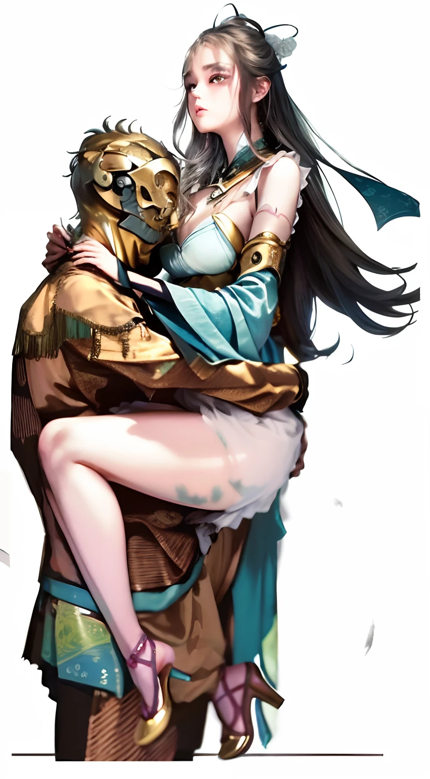 One Male Yokai, A female princess, Chinese costume Hanfu couple, Girls monopolize transparent silk skirts,The girl has black hair and a high bun with jewelry decorations, Girls wearing bikini sheer swimsuits, Girls wear delicate stiletto heels on their feet, The boy monster has wide eyes and a long beard, Boy youkai have a strong body and muscles in their arms, Boy Yokai hugs and kisses girl affectionately,