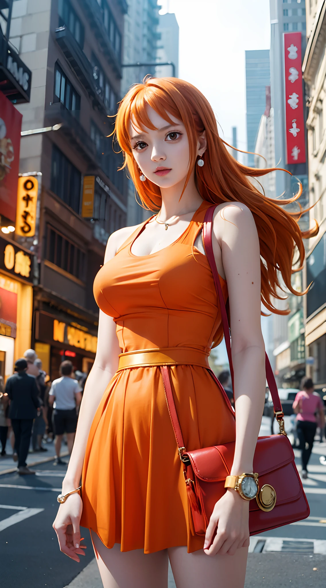 nami from anime one piece, long hair, orange hair, wearing red dress, wearing watch, earrings, wearing handbag, hair tie, being in public, in new york city, perfect body, perfect breasts, standing, looking at audience, masterpiece, textured skin, super detail, high details, high quality, best quality, HD, 16k