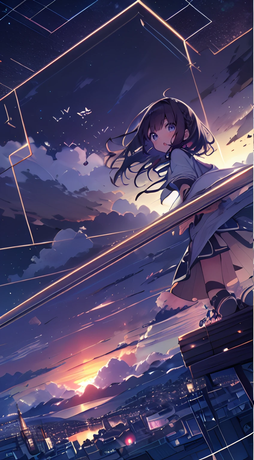 masutepiece, Best Quality,Illustration, Wallpaper, Ultra Detail, absurderes, 1girl in、 (Medium short hair、short braided hair), Beautiful ultra-detailed eyes , Hair fluttering in the wind、:o、Smaller head、Beautiful night sky、(a panoramic view:1.5)