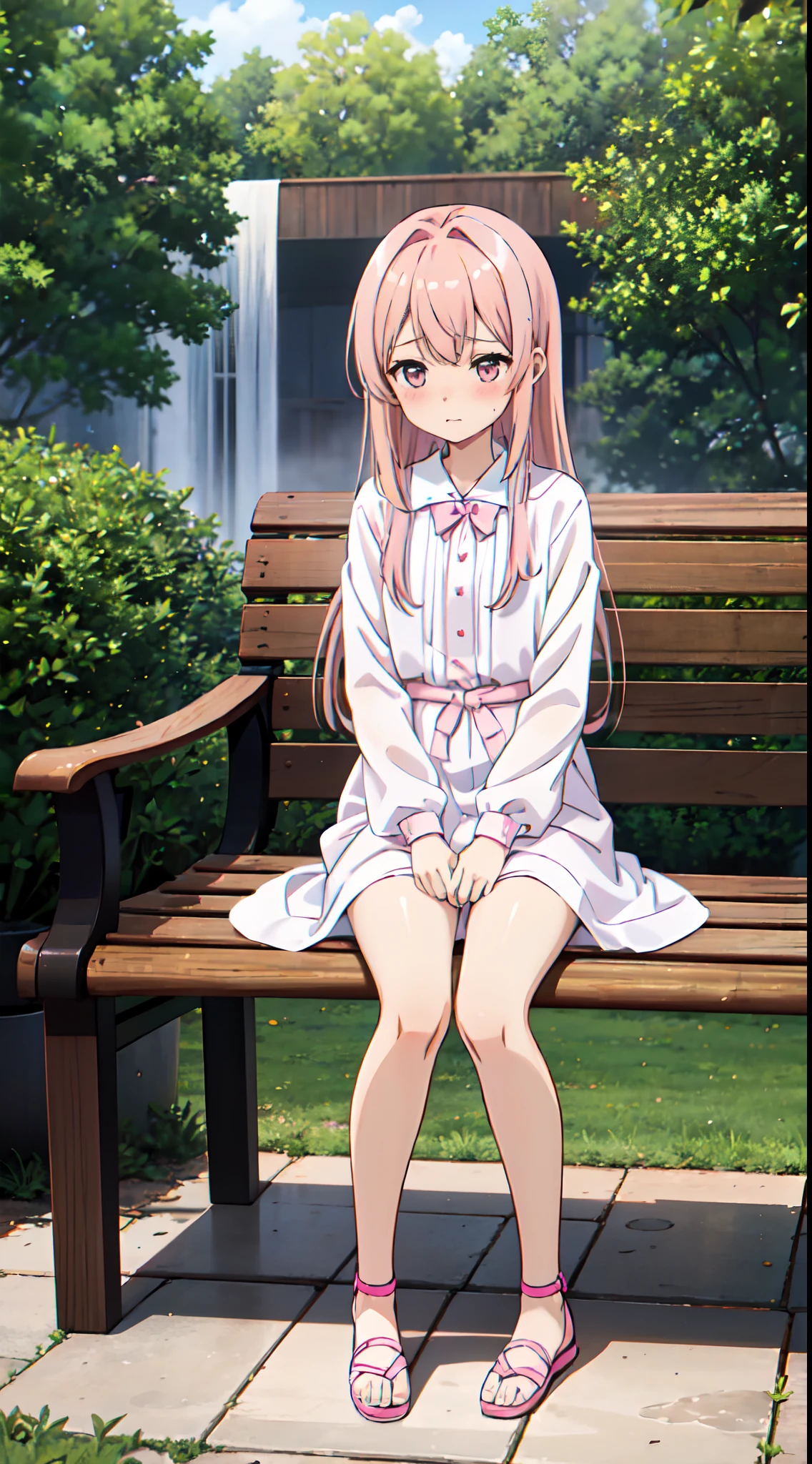 (((A pink-haired cute girl))),Sit on a bench,Soaked white long dress,Black panty,Blushing and shy