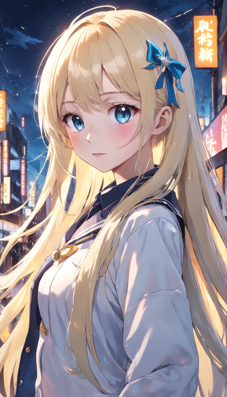 talking on phone、porate、School uniforms、bright expression、poneyTail、young and shiny white shiny skin、Best Looks、Gold reflects light、Platinum blonde hair,Shine brightly、Shiny light hair,、Super long silky straight hair、Beautiful bangs that shine、Big blue eyes that sparkle like crystal clear and charming、Very nice and lovely 16 year old girl、Lush bust