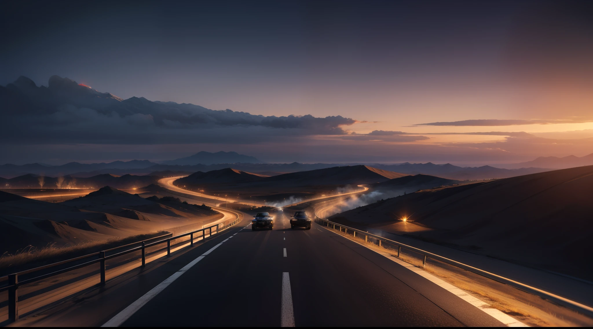 Several cars drive on roads with an urban background, Wilderness highway background Port scene background, matte painting of steam machines, soft focus matte painting, Apocalyptic background, game background, highways, Fast and furious, collide, madmax, high details, highres, 1080P